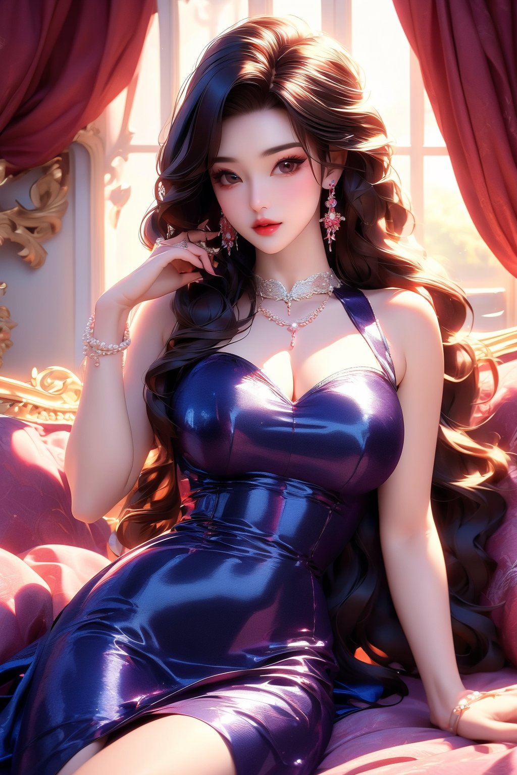 busty and sexy girl, 8k, masterpiece, ultra-realistic, best quality, high resolution, high definition, 1girl, solo, long hair, breasts,1girl, solo, long hair, breasts, looking at viewer, large breasts, black hair, pearl color dress, cleavage, bare shoulders, brown eyes, jewelry, sitting, earrings, parted lips, sleeveless, indoors, necklace, bracelet, lips, pillow, window, bed, makeup, sleeveless dress, on bed, ring, red lips, hand on own thigh, plunging neckline