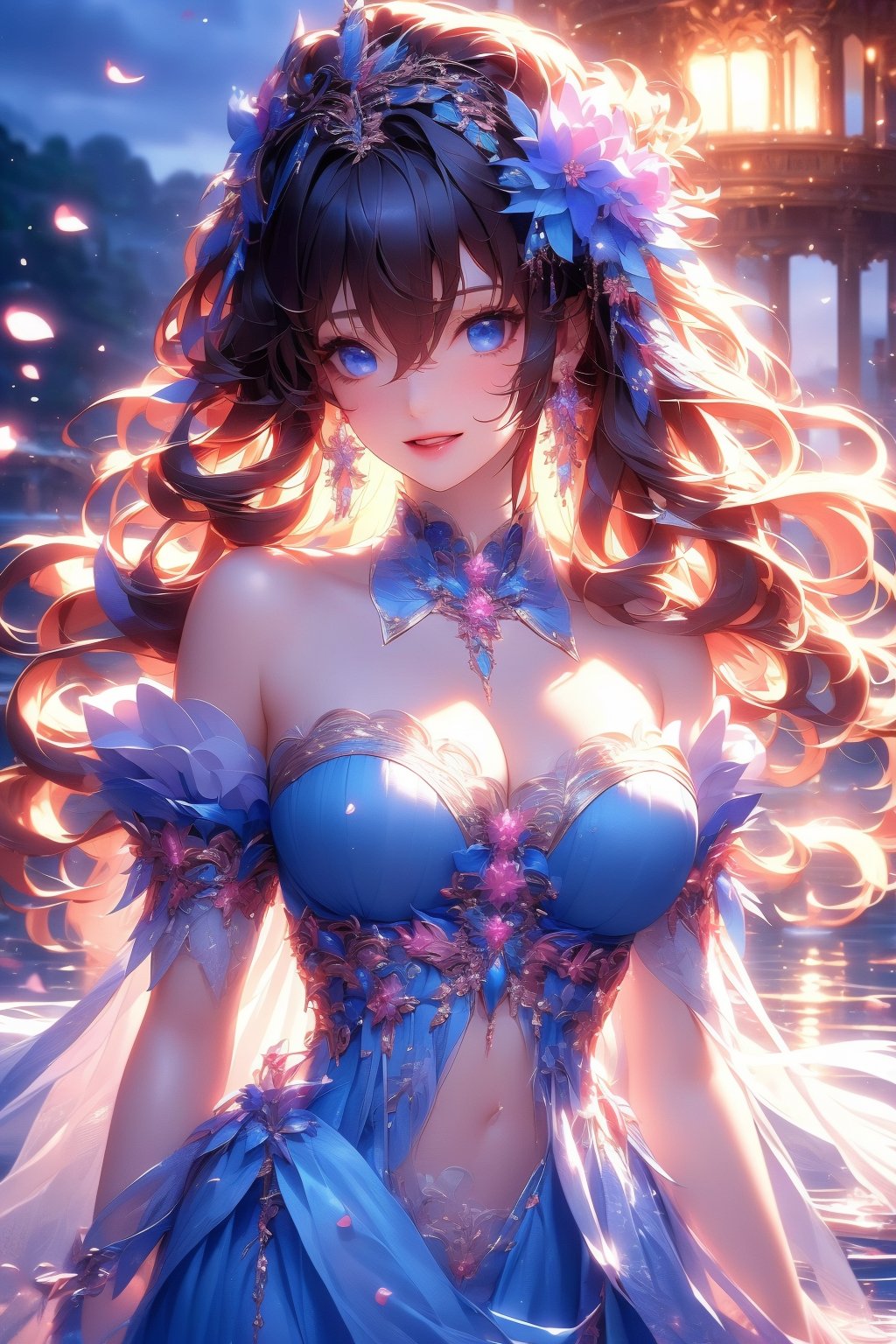 busty and sexy girl, 8k, masterpiece, ultra-realistic, best quality, high resolution, high definition, 1girl, solo, long hair, breasts, looking at viewer, smile, bangs, blue eyes, large breasts, black hair, hair ornament, dress, cleavage, hair between eyes, bare shoulders, jewelry, upper body, flower, short sleeves, earrings, parted lips, detached sleeves, hair flower, water, petals, strapless, covered navel, detached collar, night, blue dress, tiara, white flower, strapless dress