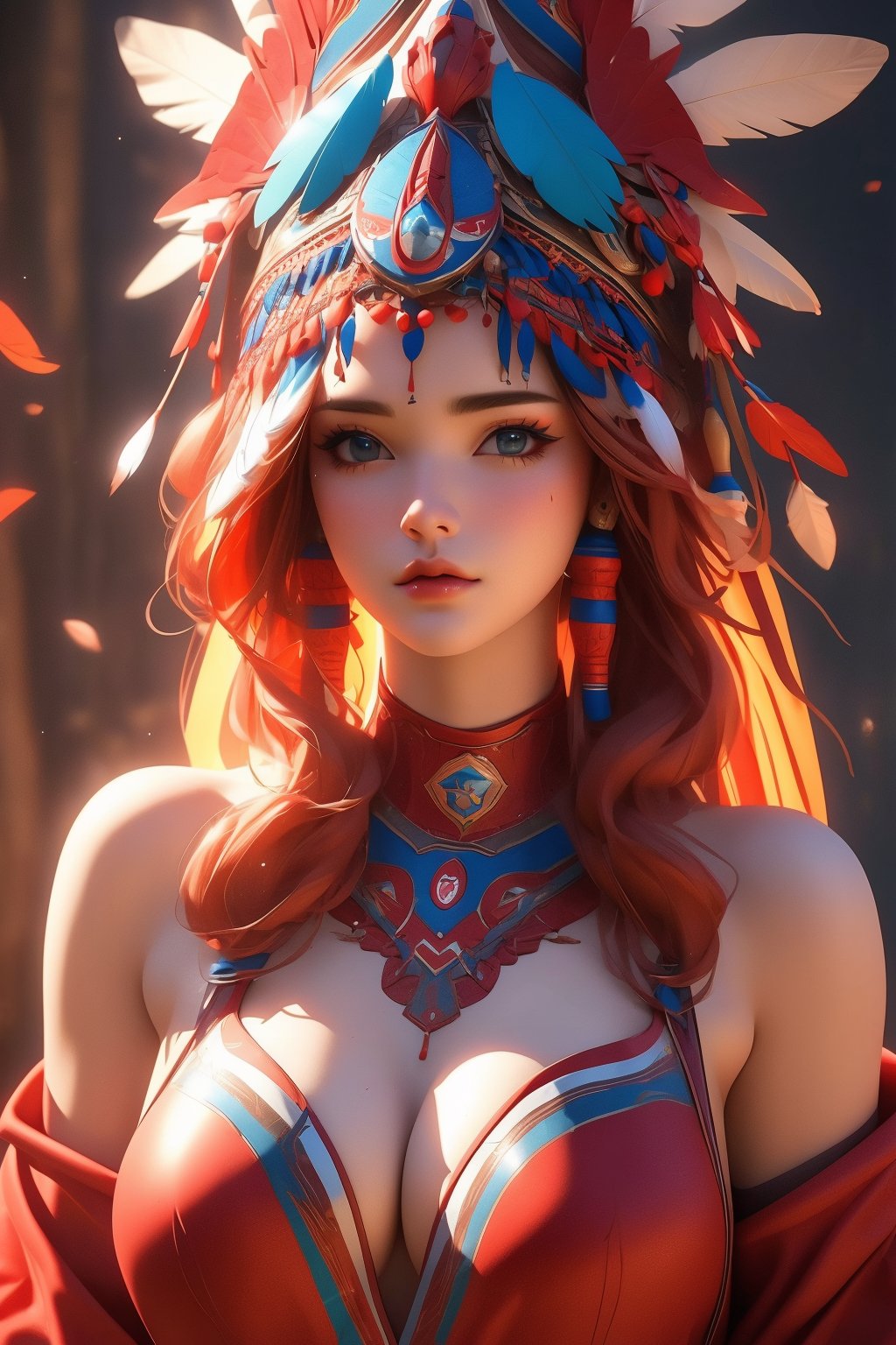 busty and sexy girl, 8k, masterpiece, ultra-realistic, best quality, high resolution, high definition, Tribal girl, feather headdress