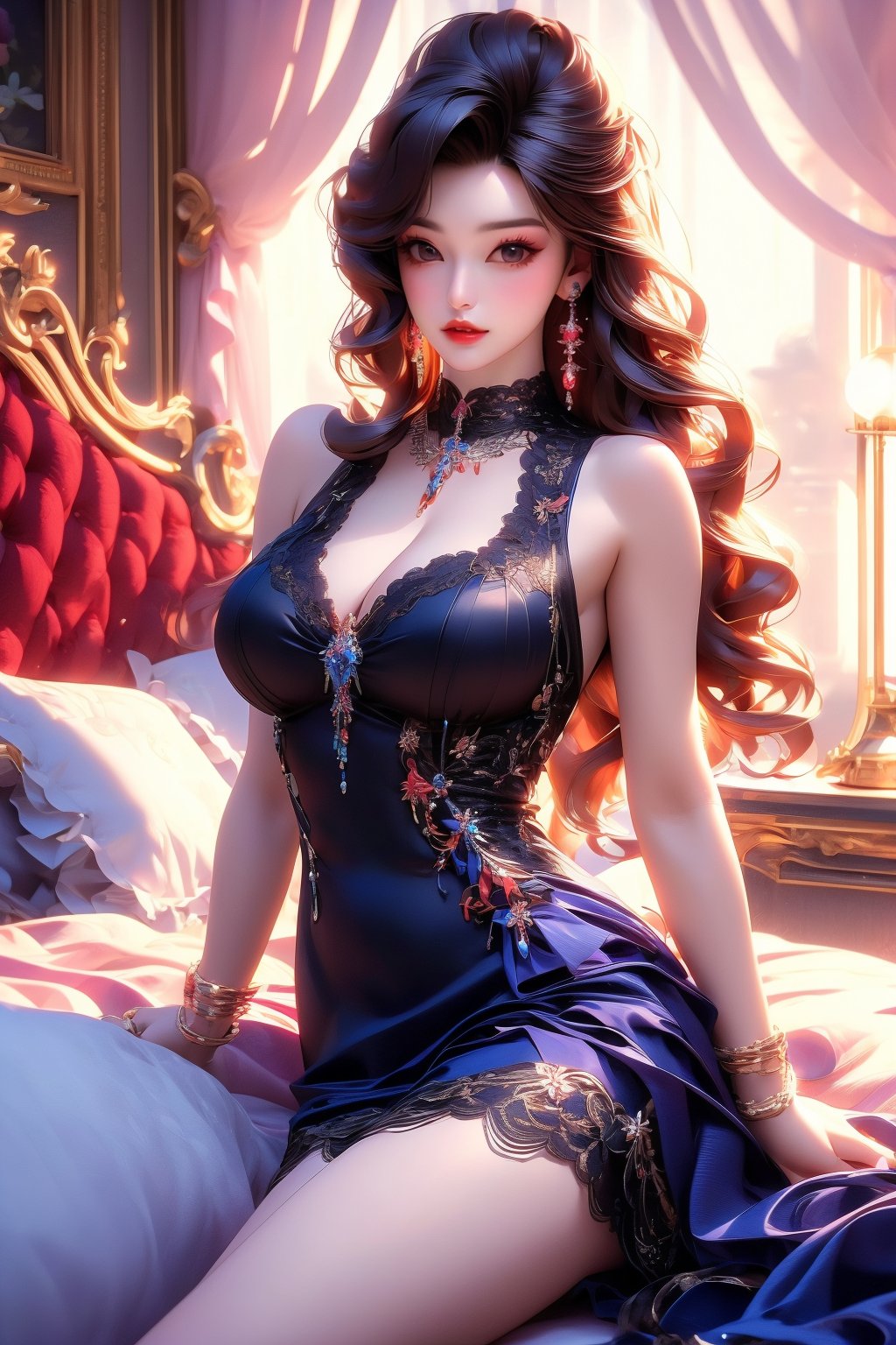 busty and sexy girl, 8k, masterpiece, ultra-realistic, best quality, high resolution, high definition, 1girl, solo, long hair, breasts,1girl, solo, long hair, breasts, looking at viewer, large breasts, black hair, pearl color dress, cleavage, bare shoulders, brown eyes, jewelry, sitting, earrings, parted lips, sleeveless, indoors, necklace, bracelet, lips, pillow, window, bed, makeup, sleeveless dress, on bed, ring, red lips, hand on own thigh, plunging neckline