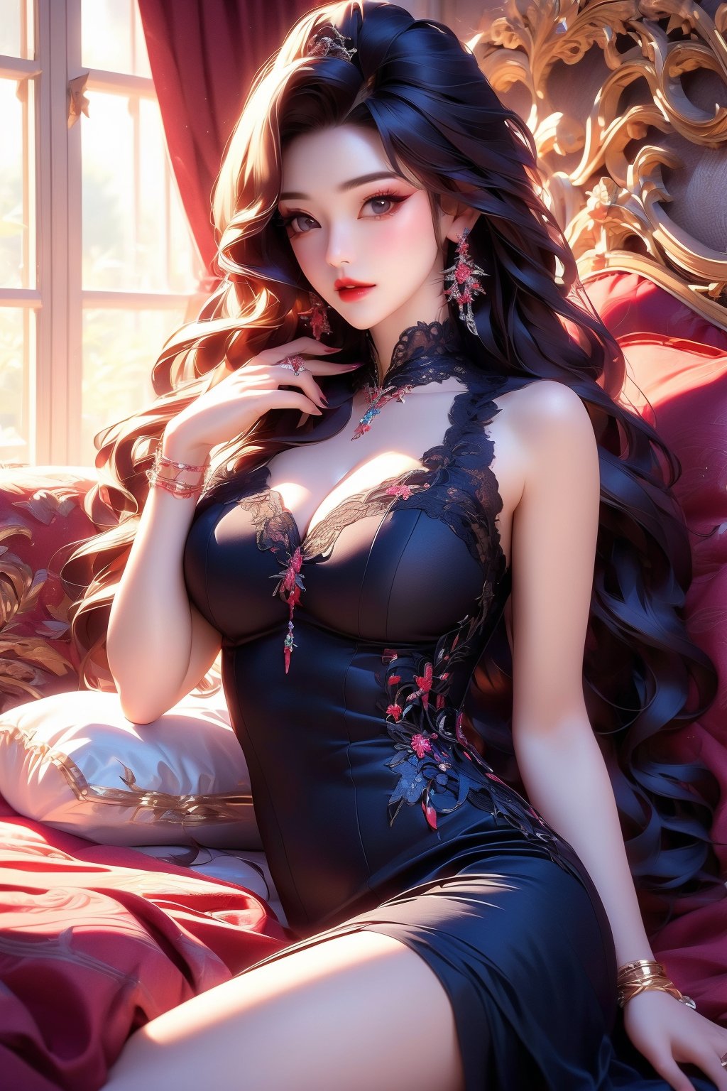 busty and sexy girl, 8k, masterpiece, ultra-realistic, best quality, high resolution, high definition, 1girl, solo, long hair, breasts,1girl, solo, long hair, breasts, looking at viewer, large breasts, black hair, pearl color dress, cleavage, bare shoulders, brown eyes, jewelry, sitting, earrings, parted lips, sleeveless, indoors, necklace, bracelet, lips, pillow, window, bed, makeup, sleeveless dress, on bed, ring, red lips, hand on own thigh, plunging neckline