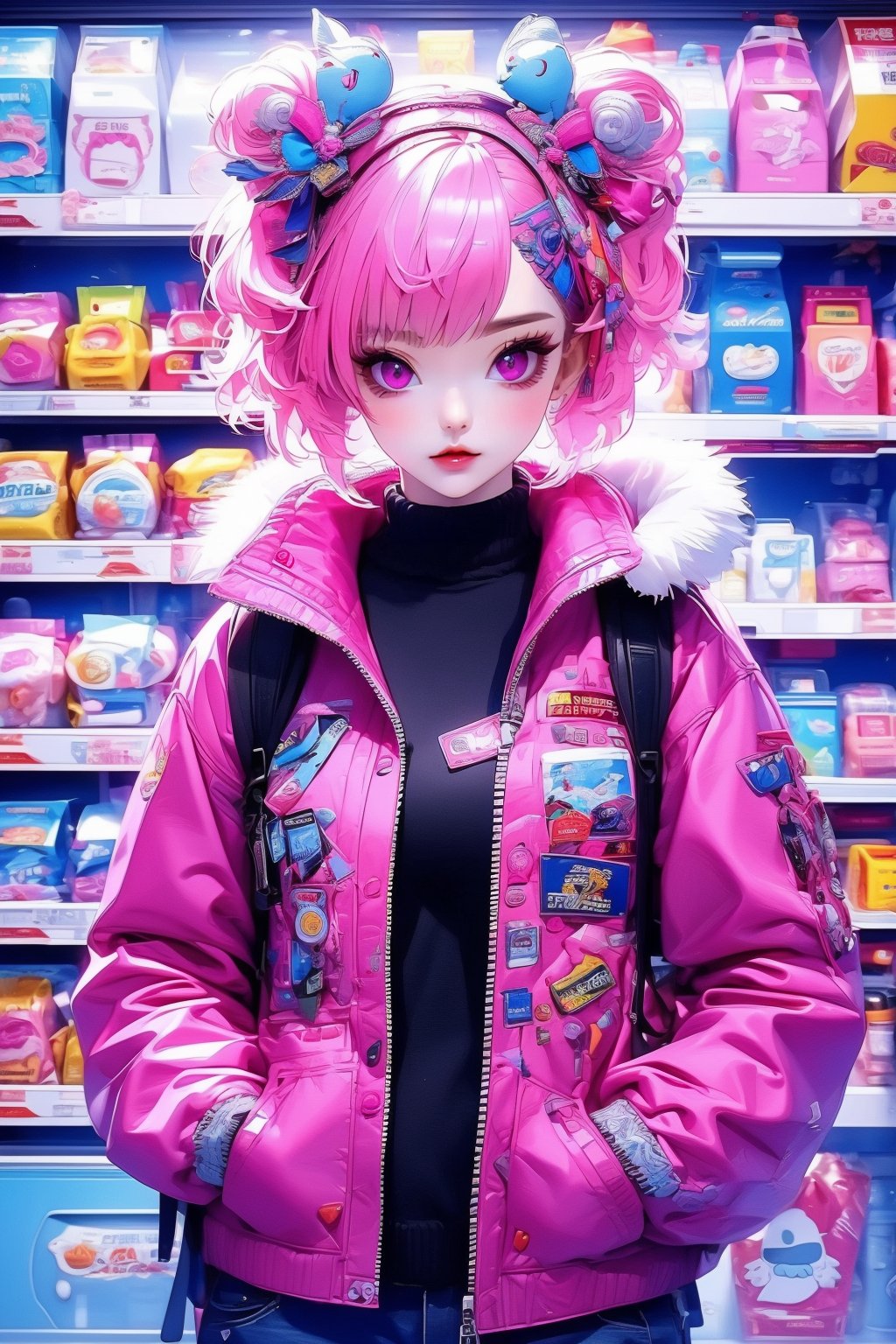 busty and sexy girl, 8k, masterpiece, ultra-realistic, best quality, high resolution, high definition,1girl, solo, looking at viewer, short hair, hair ornament, jacket, pink hair, hairclip, pink eyes, sweater, fur trim, turtleneck, turtleneck sweater, hands in pockets, vending machine, sticker