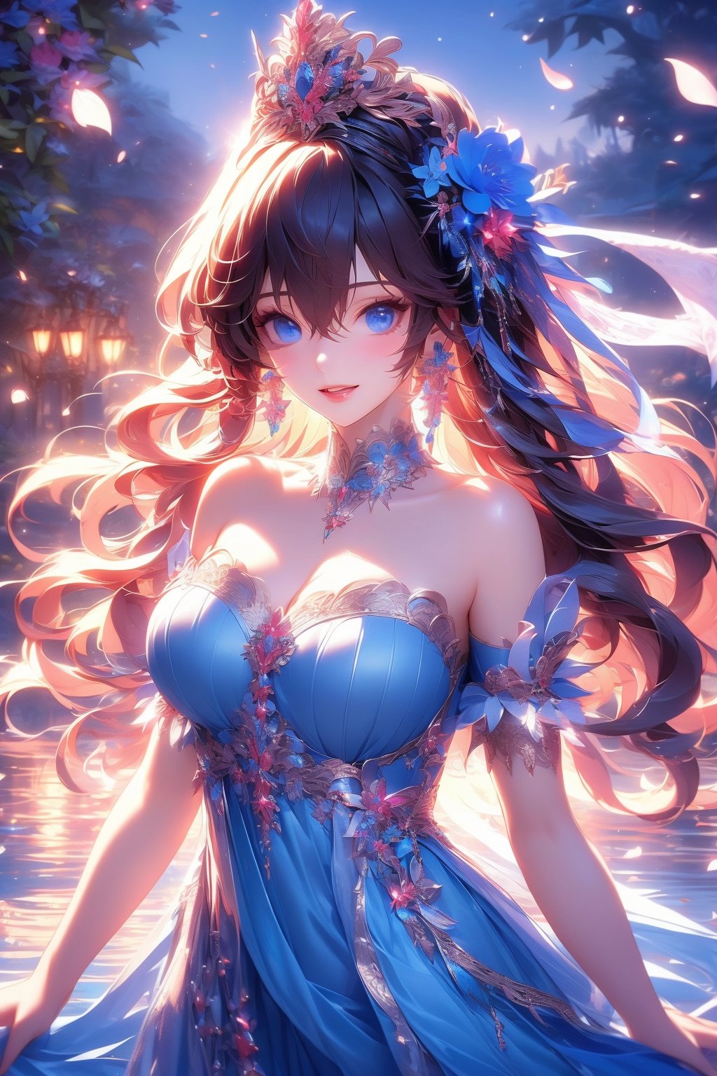 busty and sexy girl, 8k, masterpiece, ultra-realistic, best quality, high resolution, high definition, 1girl, solo, long hair, breasts, looking at viewer, smile, bangs, blue eyes, large breasts, black hair, hair ornament, dress, cleavage, hair between eyes, bare shoulders, jewelry, upper body, flower, short sleeves, earrings, parted lips, detached sleeves, hair flower, water, petals, strapless, covered navel, detached collar, night, blue dress, tiara, white flower, strapless dress