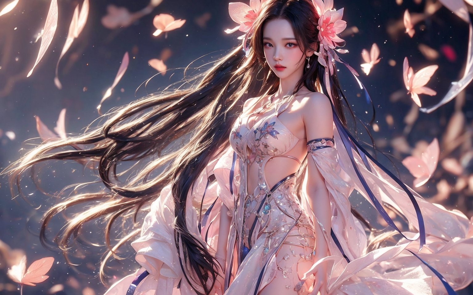 1girl, Asian girl, Standing, Looking at viewer, Face mask, forehead, Bright eyes, Blush, long hair, Hair ornament, large breasts, Naked_thigh highs, narrow waist, Chinese clothes, transparent top , jewelry, earrings, high detail leather, real leather, halo, illuminated Chinese calligraphy, energy flow, falling petals, wind, blurred background, masterpiece, top quality, best quality , beautiful and aesthetic, (Dazzling space, enchanting radiance, radiant light, ethereal atmosphere, enchanting light, sensuous color,( very sexy),aespakarina