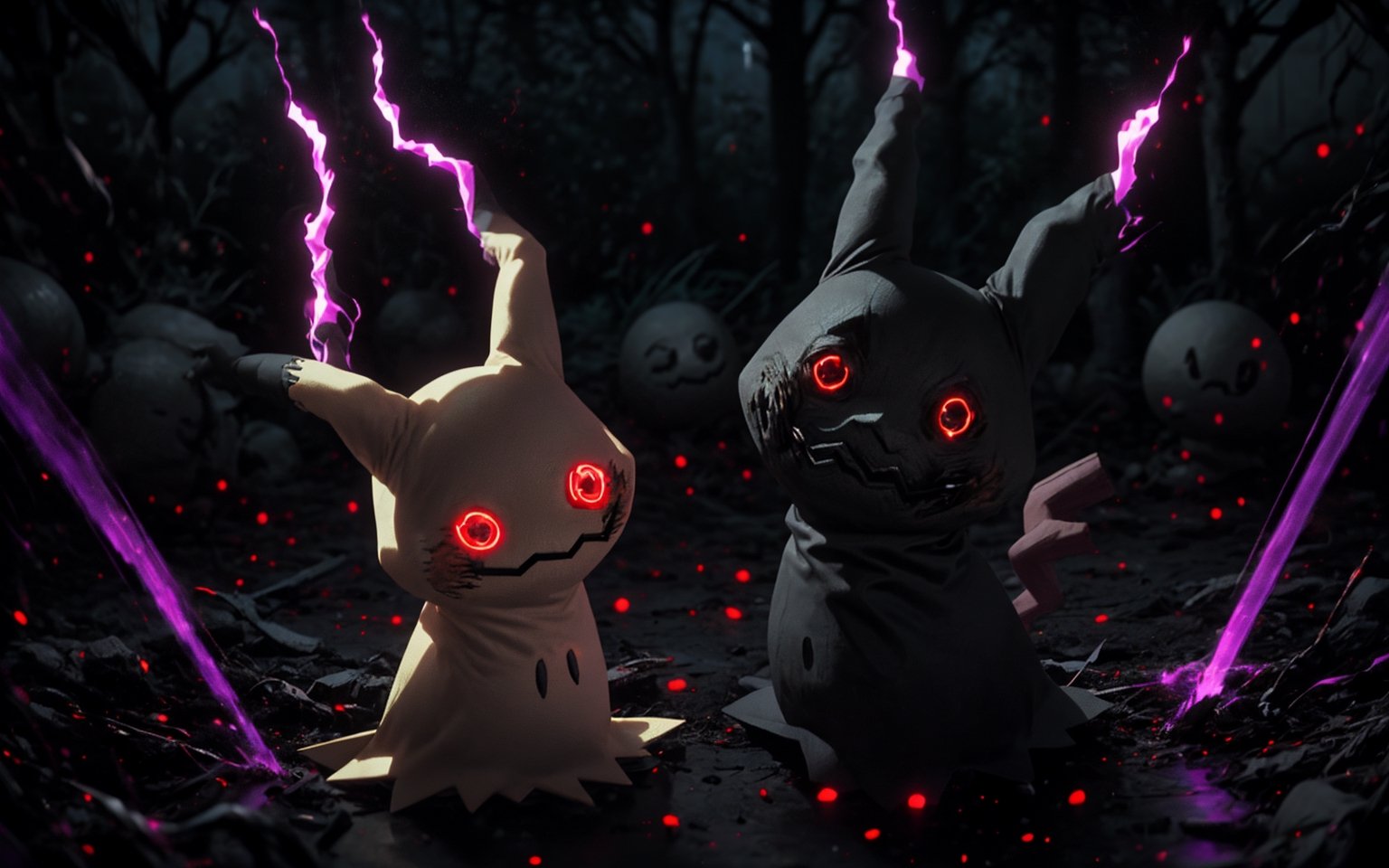 centered, award winning photo,  (looking at viewer:1.2), | evil grin, Mimikyu_Pokemon, floating, no humans, pokemon \(creature\), (dark art:1.1), (dark theme:1.2),  angry, glowing, (aura:1.2), purple energy, ghost, floating,  no humans, pokemon \(creature\),  |  bokeh, depth of field, cinematic composition, | ,perfecteyes, red eyes, detailed eyes,r1ge, Mimikyu_Pokemon