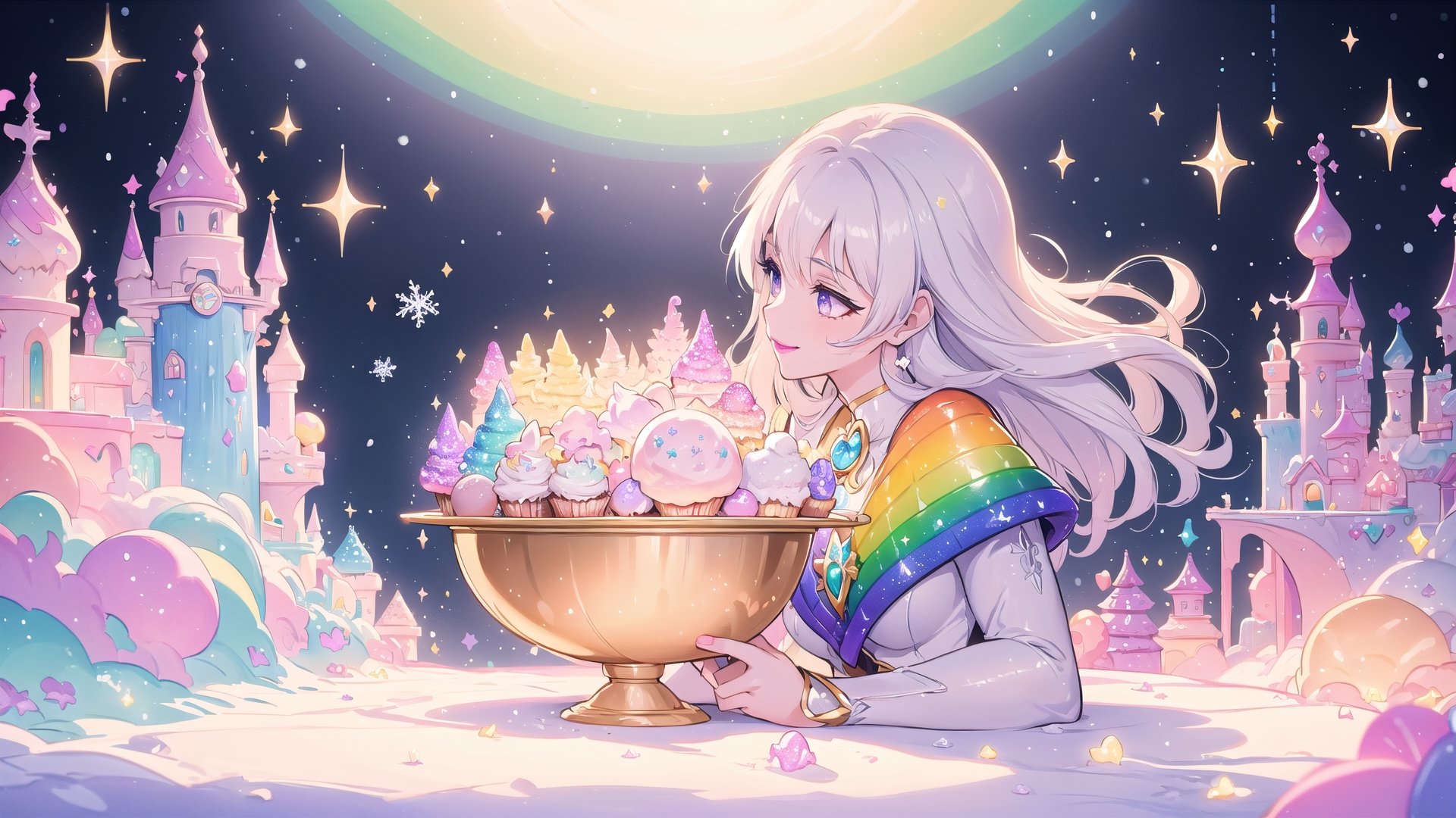 ((magical girl, white hair, purple eyes, doll dress, short dress, long hair, pale skin, soft skin, colorful snow background, rainbow dress, white dress, hearts, snow, snowing, ice, pastel, sun)), (masterpiece, best quality:1.2, , extremely detailed, Female profile, Delicate features, High resolution), (crystals), fluffy, soft, light, bright, sparkles, twinkle, slightly downcast eyes, cute, pink, purple, rainbow
(masterpiece, best quality:1.2), 8k, top quality, cryptids, cookie, (sugar, glitter), rainbow, glowing, digital illustration, smile, finely detailed face, detailed eyes, lipstick, falling, beautiful face, celestial prit, looking to the side, stunning, sharp focus, floating particles, insaneres, surreal, cinematic, (dynamic scene:1.1), line of action, ultra-detailed wallpaper, (intricate details), dreamy, floating] raytracing, (blending), in the style of pixar, cloud, cotton candy, whipped cream, dream, fantastic lighting and composition, fruit, colorful, vivid, a world made of candy, plant, scenery, full background, (cupcake:1.2), highly detailed, beautiful, personification, deep depth of field, adorable, cute, (gradients), sweet, shiny, delicious, bloom, volumetric lighting, (fantasy), candyland, candy, see-through, transparent, glass, bubble, (jello), coral colors, smooth, extremely detailed,cryptids,(best quality,kawaiitech,rayearth, fullbody