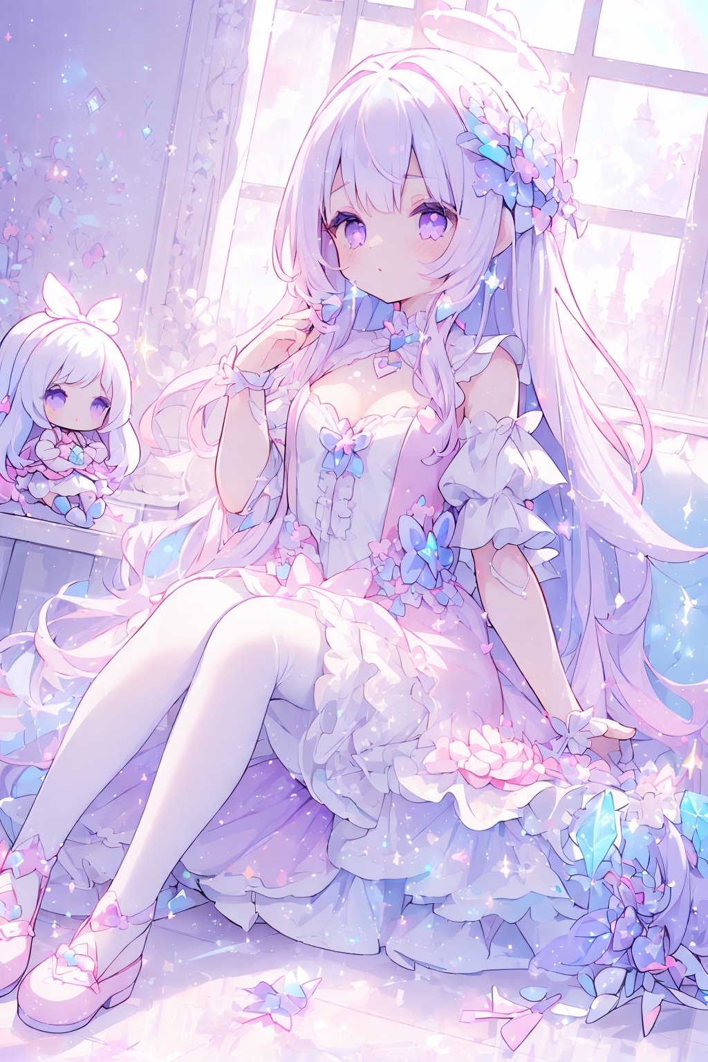 (((1girl, white hair, long hair, purple eyes, lolita dress, white dress, short dress, white stockings, small breasts, pale skin, soft skin, rainbow, hearts, heart pillows, pastel, crystals, halo, colorful, pink, purple, blue, doll))
((sunlight coming through window))
((background, cute home))
((dolls in home))
((sitting up, fullbody))
(fluffy, soft, light, bright, sparkles, twinkle, slightly downcast eyes, cute, pink, purple, blue, clouds)
best quality, masterpiece, glitter