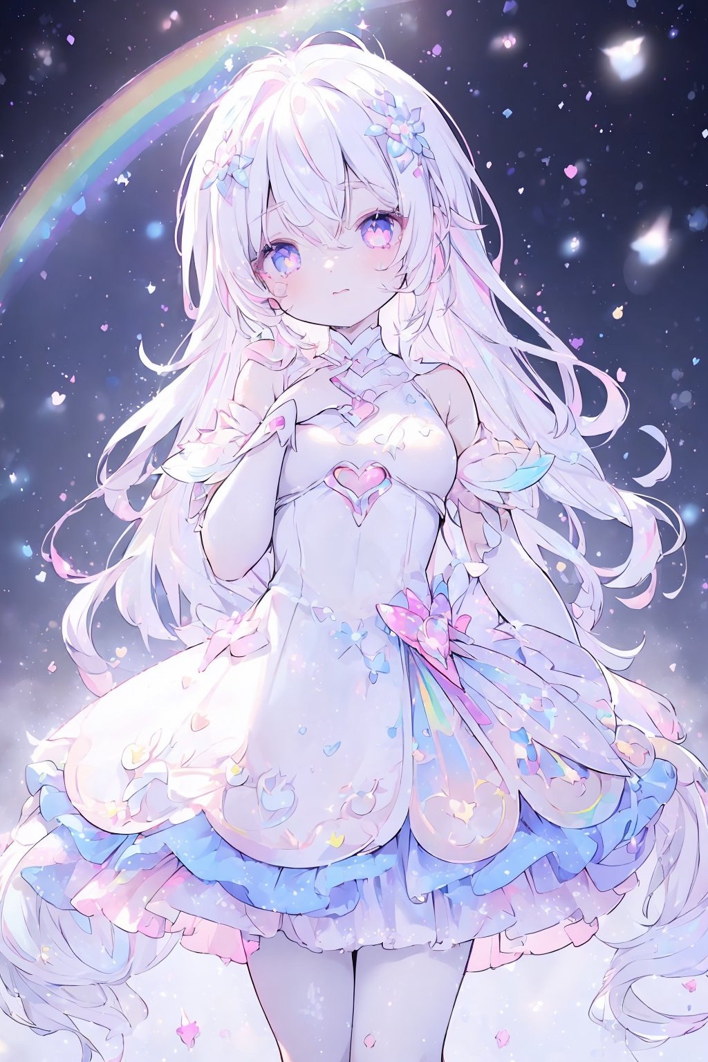 ((magical girl, white hair, rainbow eyes, doll dress, short dress, long hair, small breasts, pale skin, soft skin, colorful snow background, rainbow, hearts, snow, snowing, ice, pastel, sun)), (masterpiece, best quality:1.2), fluffy, soft, light, bright, sparkles, twinkle, slightly downcast eyes, cute, pink, purple, crystals