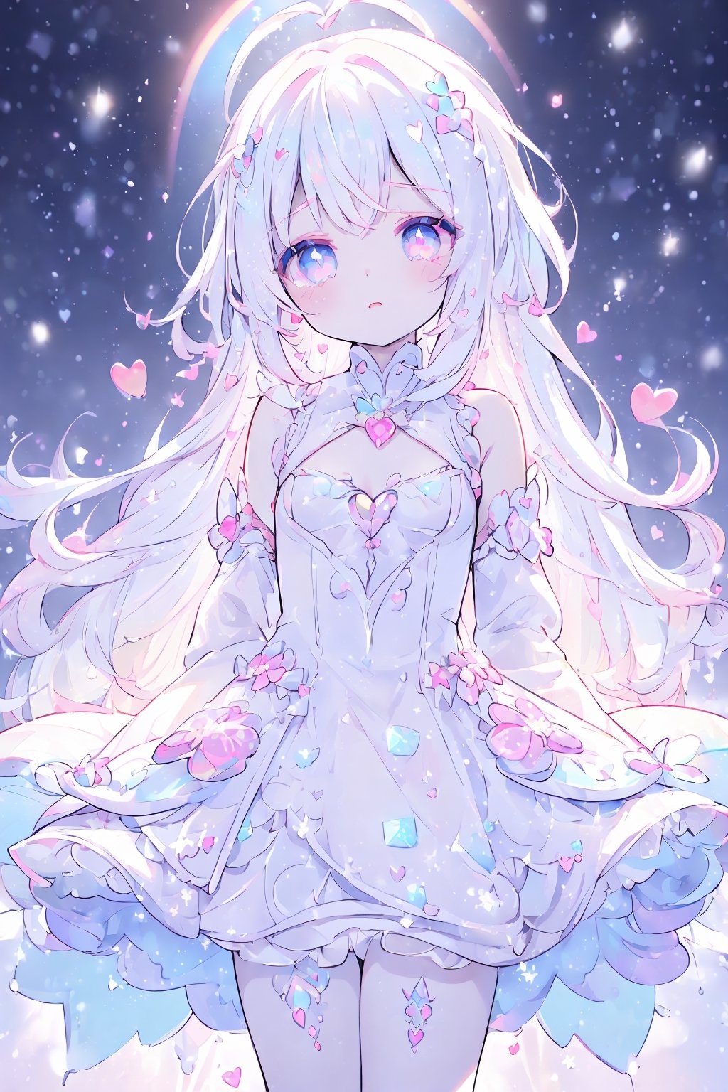 ((magical girl, white hair, rainbow eyes, doll dress, short dress, long hair, small breasts, pale skin, soft skin, colorful snow background, rainbow, hearts, snow, snowing, ice, pastel, sun)), (masterpiece, best quality:1.2), fluffy, soft, light, bright, sparkles, twinkle, slightly downcast eyes, cute, pink, purple, crystals