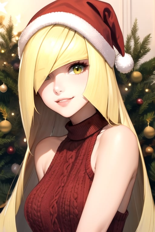 lusamine, 1girl,solo,  blonde hair, smile,  yellow eyes, parted lips,  (hair over one eye:1.3) ,wearing a christmas cap and christmas sweater