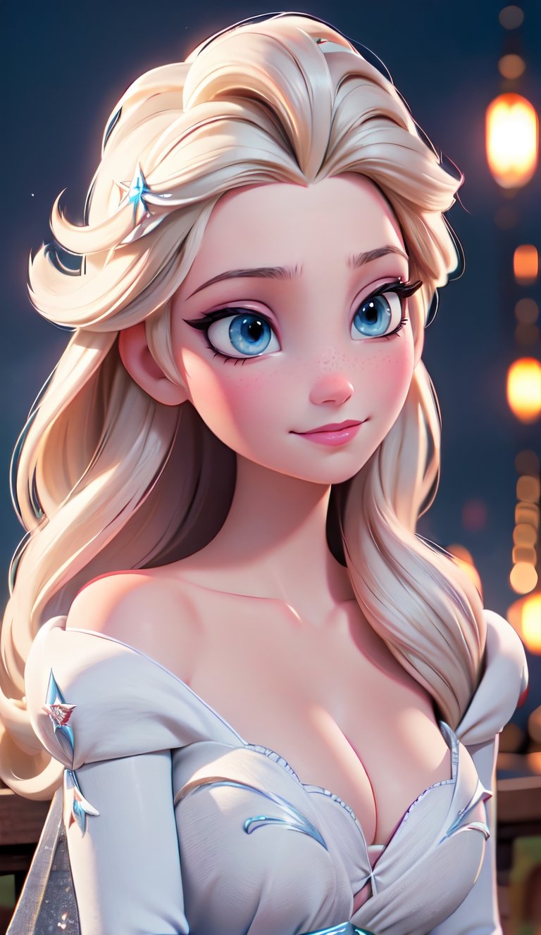 close up of face, Elsa from Frozen, (best quality, masterpiece, ultra detailed, highres, RAW image), perfect facial features, pale skin, blushing, blonde, long tousled hair, perfect eyes, perfect proportions, prestigeous, delicate, romantic, Elizabethan woman, black dress, cleavage, smiling, romanticism, hirao style, fireworks, firework, night, realistic.