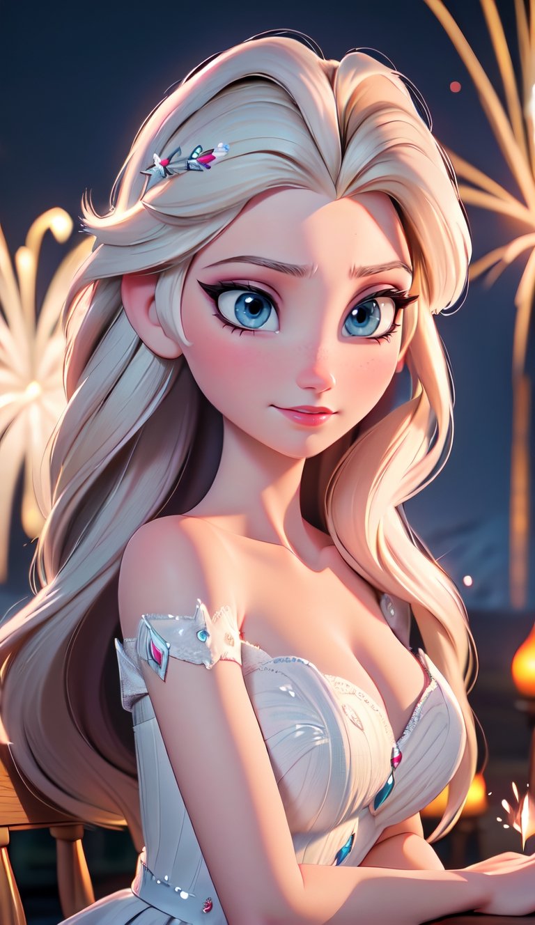 close up of face, Elsa from Frozen, (best quality, masterpiece, ultra detailed, highres, RAW image), perfect facial features, pale skin, blushing, blonde, long tousled hair, perfect eyes, perfect proportions, prestigeous, delicate, romantic, Elizabethan woman, black dress, cleavage, smiling, romanticism, hirao style, fireworks, firework, night, realistic.