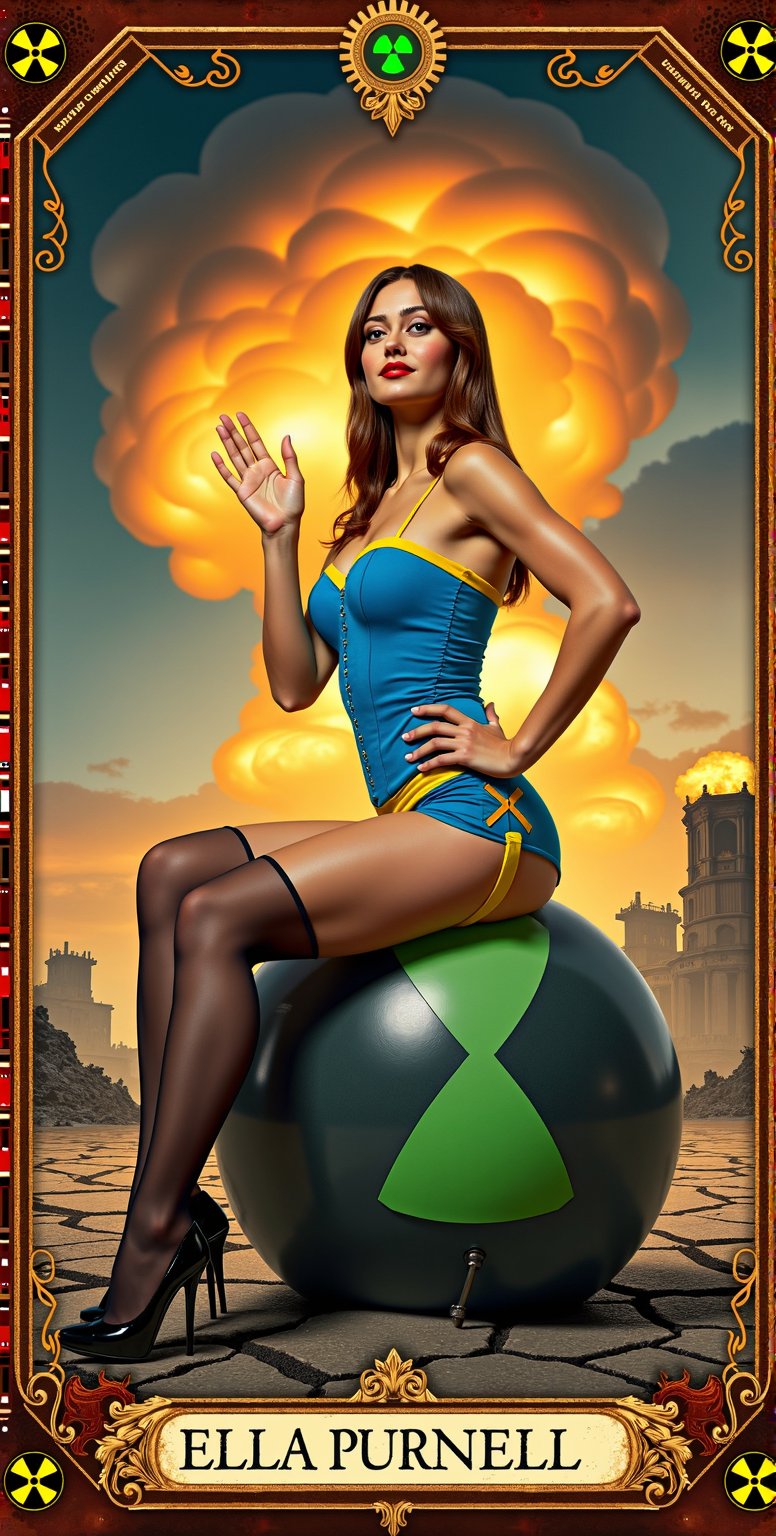 A striking tarot card featuring Ella Purnell seated atop a large nuclear bomb, styled in classic Pin-up fashion. She wears a retro, fitted outfit: a bright blue corset-style top and high-waisted shorts with yellow accents, adding a pop of color. Her thigh-high stockings complete the vintage Pin-up look. Her hair is sleek, straight, and chestnut brown, flowing neatly past her shoulders. She strikes a playful yet bold pose, one hand on her hip and the other raised as if waving, with a confident, mischievous smile on her face.

The background is a desolate, apocalyptic wasteland: cracked, barren earth, ruined buildings, and swirling dark clouds in a fiery orange and ash-colored sky. Smoke rises in the distance, and the remnants of civilization lie in ruin, enhancing the sense of doom. Despite the devastation, her vibrant, glamorous presence contrasts sharply with the grim landscape, creating a visually captivating scene.

The card’s borders are lined with radioactive symbols and industrial patterns—glowing green hazard signs, rusted gears, and jagged metallic designs—reinforcing the nuclear theme. The overall color palette is dominated by warm, rusty oranges, grays, and deep blues, giving the image a post-apocalyptic but artistic feel. The result is a unique tarot card where Ella Purnell, in a blue and yellow Pin-up outfit, embodies a blend of charm and destruction in a desolate, nuclear landscape,ellaPurnell