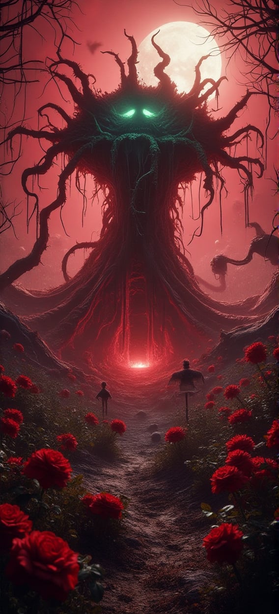 In a eerie, crimson-hazed setting, a tangled mass of vibrant rose bushes surrounds a colossal, nightmarish carnivorous plant. Its twisted, thorny tendrils grasp towards the sky like skeletal fingers, while its center pulps with an otherworldly, bioluminescent glow. Amidst this hellish landscape, skeletons lie scattered at the plant's base, their bony forms eerily close to the monstrous flora.