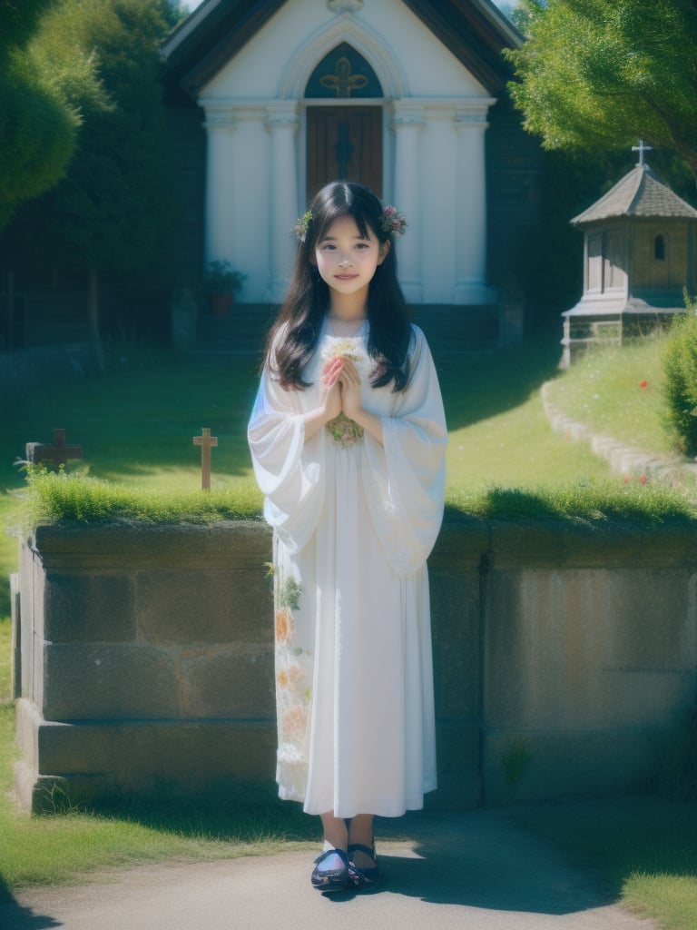 (masterpiece), (best quality), (extremely detailed), (1girl), solo, (a pretty cute girl praying), looking at viewer, smile, slender, evenly sized eyes, extremely detailed eyes, priestess clothes, hair ornament, stuffed animal, (full body:1.4), (holy cross steeple grand church on back, from a flowerly hill above, beauty flowers, church bell), outdoors, wide shot, extremely detailed wallpaper, (completely detailed features), 16k, UHD, own hands together, ☦️,