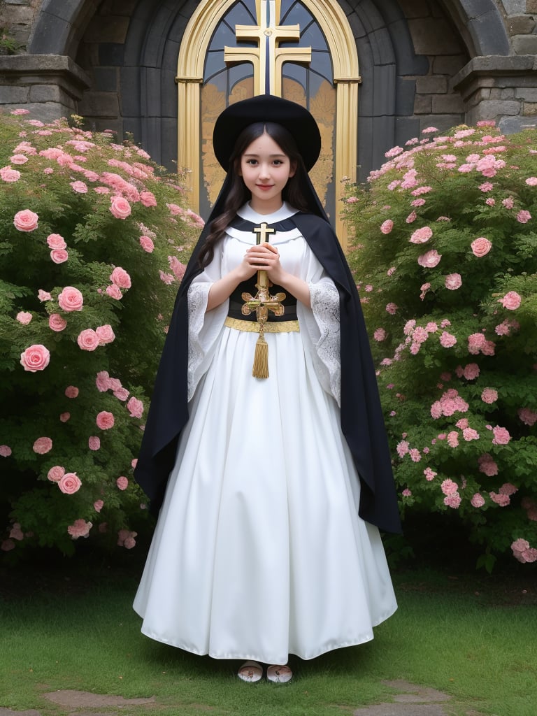 (masterpiece), (best quality), (extremely detailed), (1girl), solo, looking at viewer, smile, slender, evenly sized eyes, extremely detailed eyes, priestess clothes, hair ornament, stuffed animal, (full body:1.4), (holy cross steeple grand church on back, from a flowerly hill above, beauty flowers, church bell), outdoors, wide shot, extremely detailed wallpaper, (completely detailed features), 16k, UHD, own hands together, ☦️,