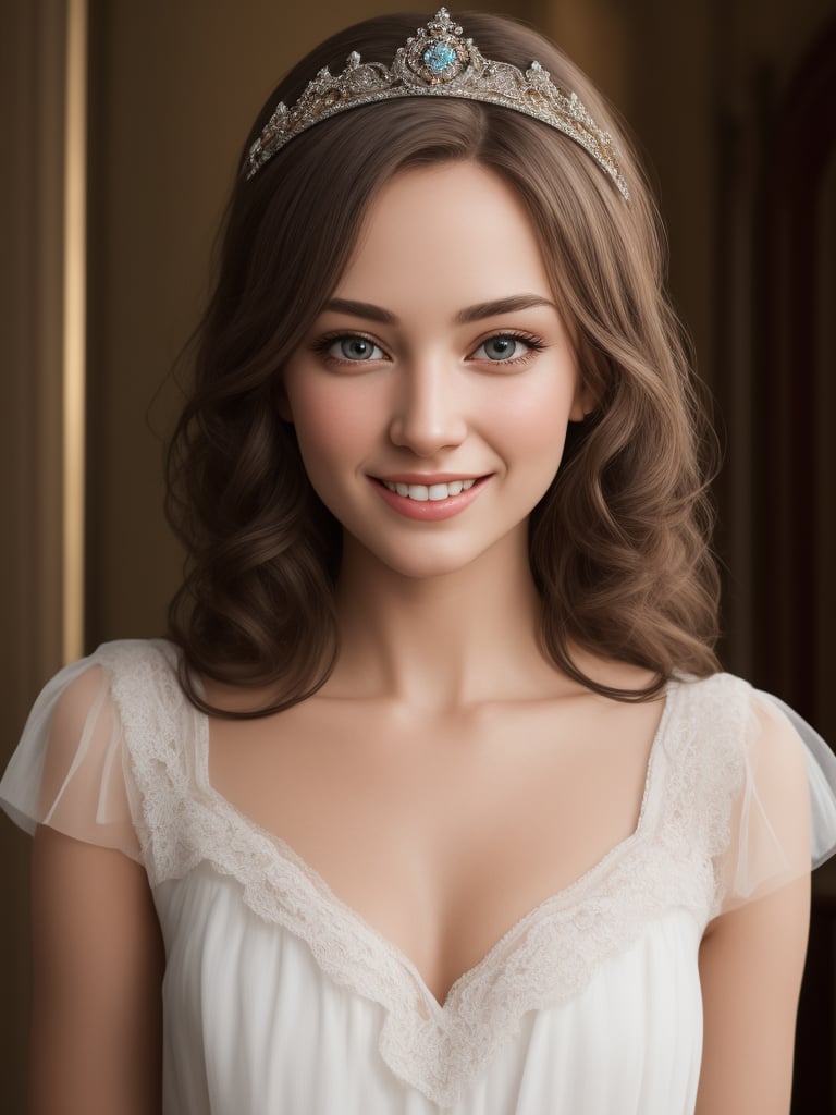 (masterpiece), (best quality), (photo realistic), (extremely detailed), (1girl), solo, (pretty cute girl), looking at viewer, smile, slender, evenly sized eyes, extremely detailed eyes, white dress, tiara, cowboy shot, whole body, medieval classical room, indoors, extremely detailed wallpaper, (completely detailed features), 16k, 