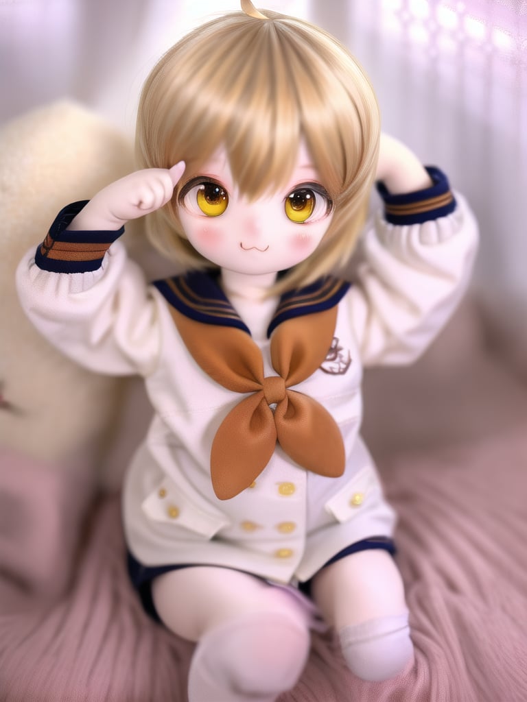 (masterpiece), (best quality), (extremely detailed), (1 girl), solo, (pretty cute girl), looking at viewer, smile, slender, evenly sized eyes, extremely detailed eyes, cowboy shot, indoors, extremely detailed wallpaper, (perfect detail features), 16k, yuri, yellow eyes, short hair, stuffed toy, blonde hair, sailor dress, sailor collar, long sleeves, neckerchief, blush, :3, salute, ahoge, stuffed animal