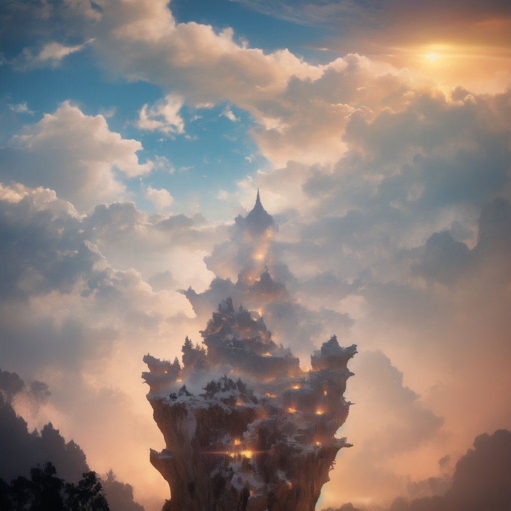 ↑ trending on artstation, 10/10 review, 5/5 review, ★★★★☆ ◆◆◆◆◆ top reviews with masterpiece quality and amazing composition, 
In the distance, clouds like delicate wisps of cotton candy dance across the sky in a mesmerizing display. The sun's rays illuminate their fluffy forms, creating a breathtaking scene of tranquility and beauty. This exquisite photograph captures the ethereal essence of a serene moment in nature, with each cloud etched with intricate detail and soft, billowing texture. The clarity of the image is striking, showcasing the vivid colors and textures of the clouds with unparalleled sharpness and depth. It is a truly stunning portrayal of the natural world at its most sublime. FuturEvoLabCity,FuturEvoLabCyberpunk