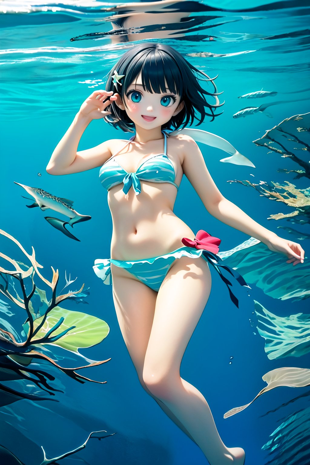 masterpiece, best quality, sky, 1girl,liko_pokemno,short_hair, blue_hair,Hair blush,blue_eyes, Young, Cute,Slim,Collarbone,Necklace,Pendant, Bangs Fastened,Hair Clips (V-Shape, Green),black hair/Blue Strands back (bikini:1.3), hairclip, blue eyes,  clenched fists, nature ,(masterpiece,best quality:1.3),(100+ colorful tropical fish:1.2),(underwater:1.3),floating pose,smile,,(frills bikini,:1.2), (bubble effect:1.3) , ,vivid color,sun shine,(deep detailed eyes:1.3),,Liko_pokemno,more detail XL,Short hair,score_9,score_8_up,score_7_up,3D,PVC Style