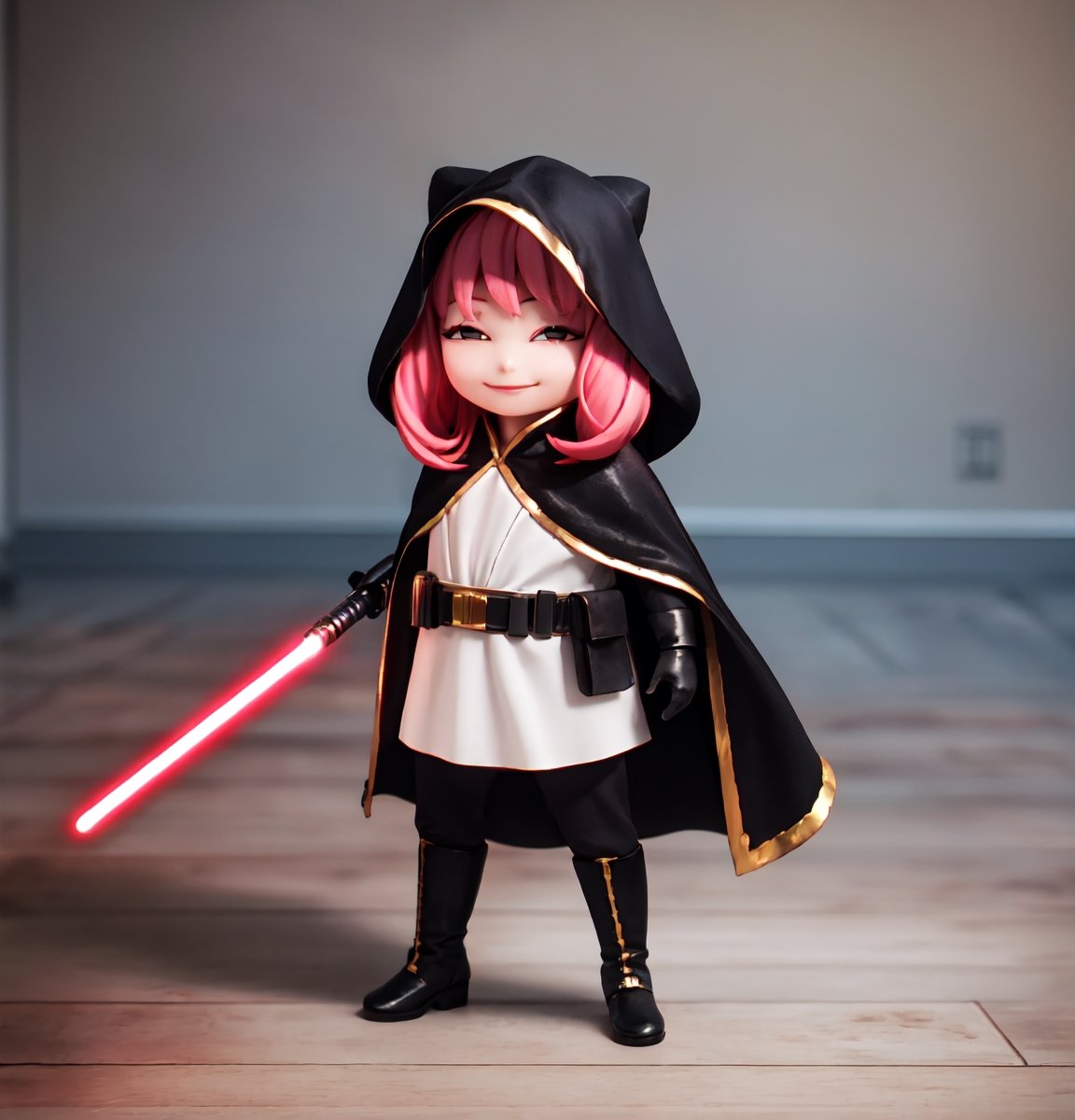 Masterpiece, Best Quality, High Resolution, PVC, Rendering, Chibi, High Resolution, Single Girl, Anya Forger, Pink Hair, Bob Hair, Sith Outfit, Cloak, Robe, Black Gloves, Belt, Hood Down , red lightsaber, lightsaber in hand , gray eyes, smile, selfish target, chibi, Star Wars World, Shin Hati, smile, smile, self-righteousness, full body, chibi, 3D figure, toy, doll, character print, front view, natural light, ((realistic)) quality: 1.2)), dynamic pose, medium movement, cinematic perfect lighting, perfect composition, costume, sith outfit, anya_forger_spyxfamily,sthoutfit