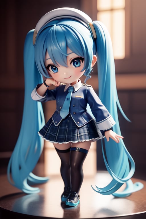 ((1 person)), Hatsune Miku, petite girl, full body, (chibi:1.3), 3D figure girl, green hair, twin tails, beautiful girl with great attention to detail, beautiful and delicate eyes, detailed face, beautiful eyes, wicked smile, y, SuiseiBase, plaid beret, crown, blue star choker, star earrings, blue ascot, plaid jacket, plaid skirt, layered skirt, partially fingerless gloves, star bracelet, uneven legwear, thigh strap, on stage, spotlights, , dynamic beautiful pose, dynamic pose, gothic architecture, natural light, ((realistic)) quality: 1.2), dynamic distance shot, cinematic lighting, perfect composition, super detail, official art, masterpiece, (best) quality: 1.3), reflection, high resolution CG Unity 8K wallpaper, detailed background, masterpiece, (photorealistic): 1.2), random angle, chibi, full body, mikdef,READ THE DESCRIPTION