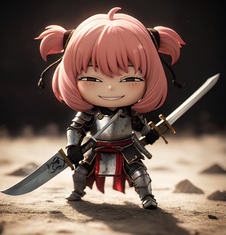 Masterpiece, Top Quality, High Resolution, PVC, Rendering, Chibi, High Resolution, 1 Girl, solo, Anya Forger, Pink Hair, Bob Hair, Japanese Warring States Period Samurai, Wearing Traditional Plate Armor,  Samurai Armor, holding sword, female action poses, Gray Eyes, Smile, Selfish Target, Chibi, Mediterranean Cityscape, Smile, Smile, Self-righteousness, Full Body, Chibi, 3D Figure, Toy, Doll, Character Print, Front View, Natural Light, ((Real)) 1.2)), dynamic pose, medium movement, perfect cinematic perfect lighting, perfect composition, anya_forger_spyxfamily, knight,holding sword,armor,battoujutsu,Cuteselfiesposes,xuer plate armor