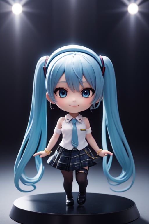 ((1 person)), Hatsune Miku, petite girl, full body, (chibi:1.3), 3D figure girl, green hair, twin tails, beautiful girl with great attention to detail, beautiful and delicate eyes, detailed face, beautiful eyes, wicked smile, y, SuiseiBase, plaid beret, crown, blue star choker, star earrings, blue ascot, plaid jacket, plaid skirt, layered skirt, partially fingerless gloves, star bracelet, uneven legwear, thigh strap, on stage, spotlights, , dynamic beautiful pose, dynamic pose, gothic architecture, natural light, ((realistic)) quality: 1.2), dynamic distance shot, cinematic lighting, perfect composition, super detail, official art, masterpiece, (best) quality: 1.3), reflection, high resolution CG Unity 8K wallpaper, detailed background, masterpiece, (photorealistic): 1.2), random angle, chibi, full body, mikdef,READ THE DESCRIPTION