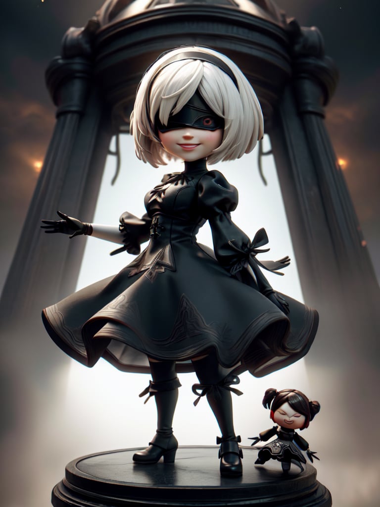 Masterpiece, highest quality, high resolution, PVC, rendering, chibi, high resolution, solo girl, 2B, NieR:Automata, RED gothic dress, red dress, silver hair, bob hair, fighting stance,  smile, selfish, chibi, smile, grin, self-righteousness, overall body, chibi, 3D Figure, Full Moon Background, Toy, Doll, Character Print, Front View, Natural Light, ((Real)) Quality: 1.2)), Dynamic Pose, Cinematic Lighting, Perfect Composition,