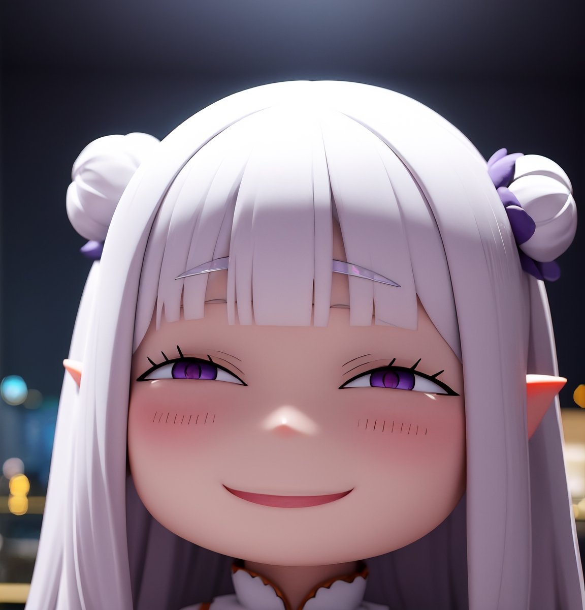 Masterpiece, highest quality, high resolution, PVC, rendering, chibi, high resolution, solo girl, emilia (re:zero), pointy ears, gray hair, white hair, very long hair, blunt bangs, purple eyes,, smile, Selfish Target, Chibi, Mediterranean Cityscape, Smile, Smile, Self-Justice, Full Body, Chibi, 3D Figure, Toy, Doll, Character Print, Front View, Natural Light, ((Real)) 1.2)), Dynamic Pose, Medium movement, perfect cinematic lighting, perfect composition, emilia (re:zero),