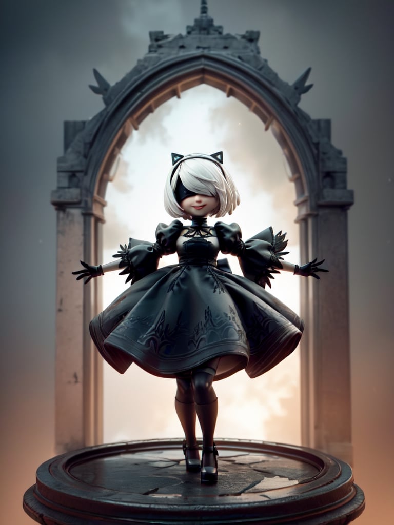 Masterpiece, highest quality, high resolution, PVC, rendering, chibi, high resolution, solo girl, 2B, NieR:Automata, gothic dress, silver hair, bob hair, smile, selfish, chibi, smile, grin, self-righteousness, overall body, chibi, 3D Figure, Full Moon Background, Toy, Doll, Character Print, Front View, Natural Light, ((Real)) Quality: 1.2)), Dynamic Pose, Cinematic Lighting, Perfect Composition,