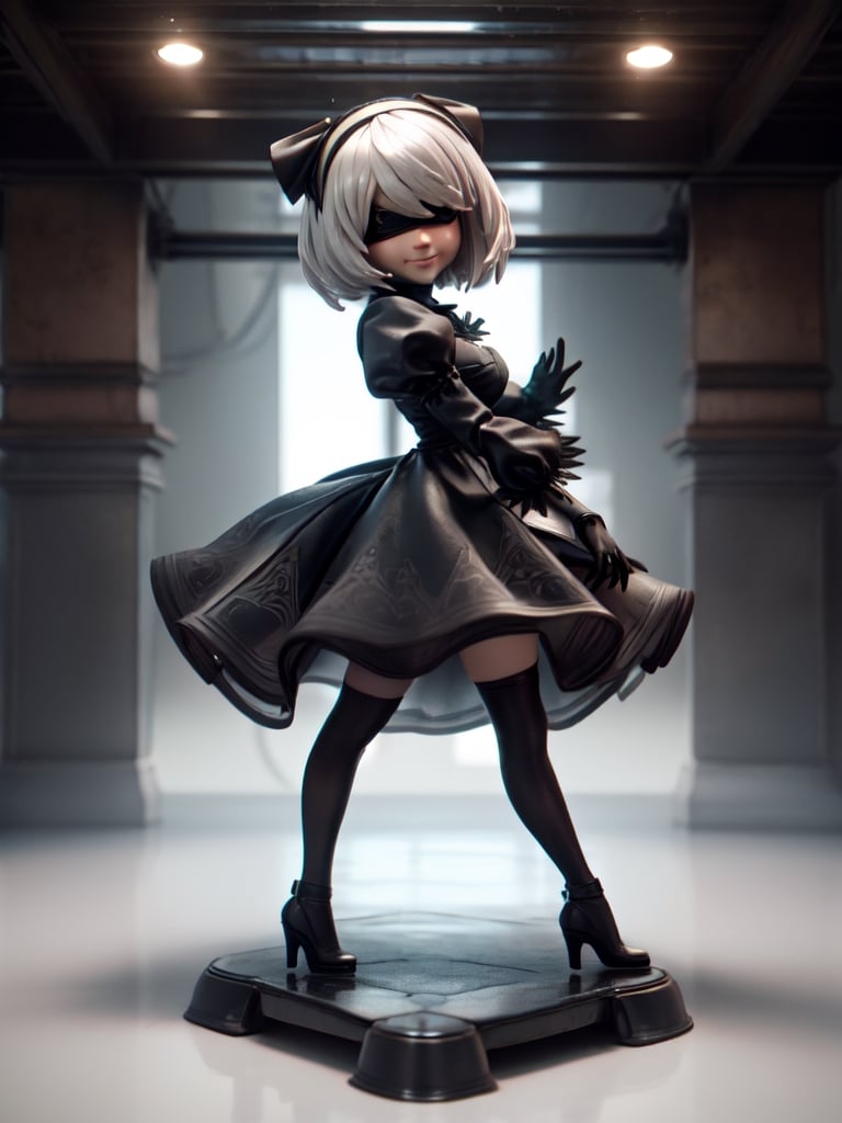 Masterpiece, highest quality, high resolution, PVC, rendering, chibi, high resolution, single girl, 2B, NieR:Automata, gothic dress, silver hair, bob hair, smile, selfish, chibi, smile, grin, self justice, whole body, chibi, 3D Figure, Toy, Doll, Character Print, Front View, Natural Light, ((Real)) Quality: 1.2)), Dynamic Pose, Cinematic Lighting, Perfect Composition,, motoko2045wz