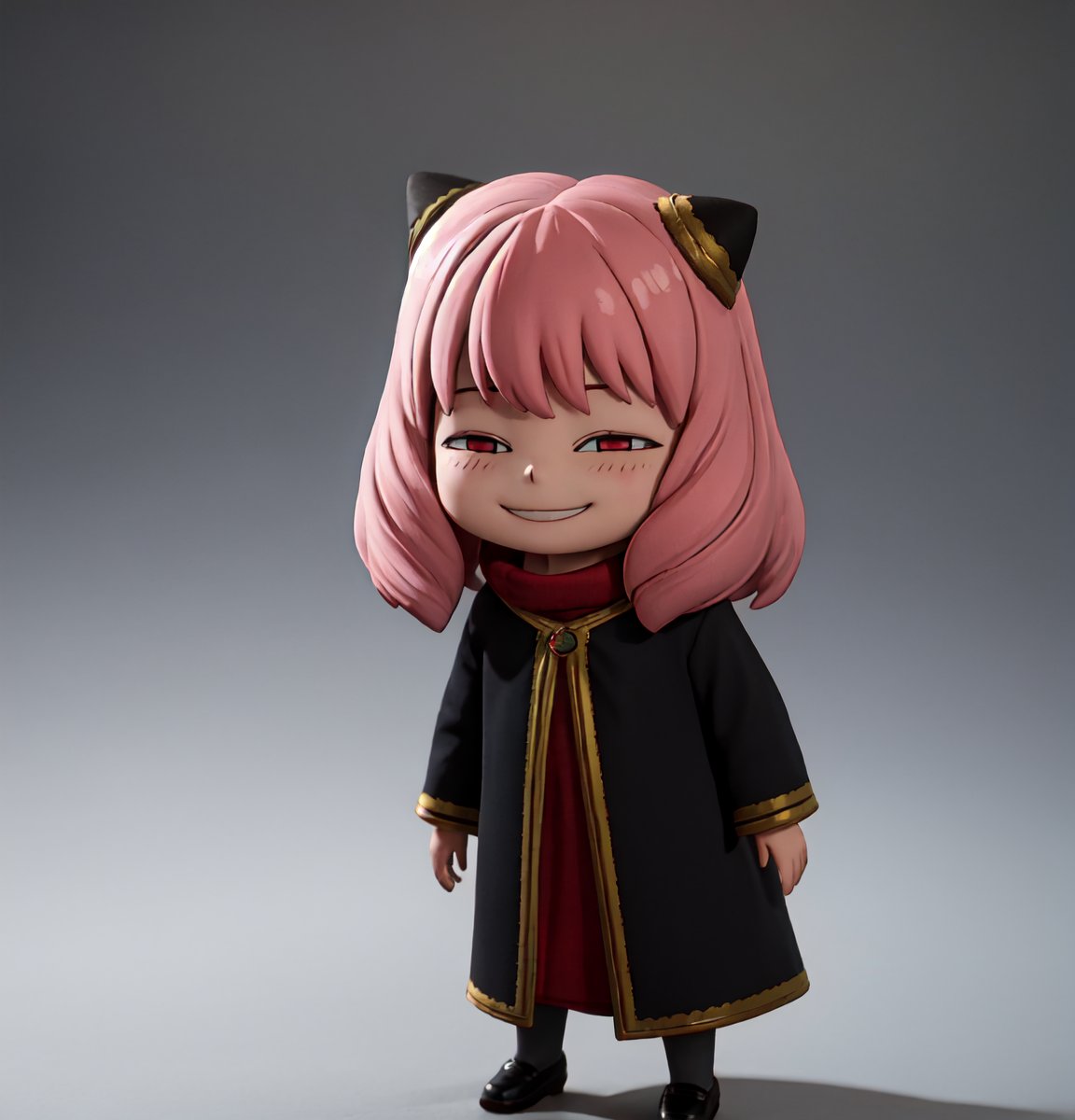 masterpiece, best quality, high resolution, PVC, render, chibi, high resolution, single woman, Anya Forger, pink hair, bob hair, 1girl, long hair, hogrobe, black robe, gryffindor, red tie, hogscarf, red scarf,  grey eyes, smiling, selfish target, chibi, prohibition era streetscape, smiling, grinning, self-satisfied, full body, chibi, 3d figure, toy, doll, character print, front view, natural light, ((realistic)) 1.2)), dynamic pose, medium movement, perfect cinematic perfect lighting, perfect composition, Anya Forger spy x family, 1 girl,hogrobe