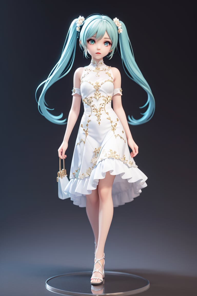 ((1 female)), Hatsune Miku, petite girl, full body, chibi, 3D figure little girl, green hair, twin tails, beautiful girl with attention to detail, beautiful delicate eyes, detailed face, beautiful eyes,long dress, white pattern dress, holding bag,  female action poses,  detail, dynamic dancing pose, dynamic pose, Gothic architecture, natural light, ((realistic) ) Quality: 1.2 )), Dynamic Distance Shot, Cinematic Lighting, Perfect Composition, Super Detail, Official Art, Masterpiece, (Best) Quality: 1.3), Reflections, High Resolution CG Unity 8K Wallpaper, Detailed Background, Masterpiece, (Photorealistic): 1.2), Random Angle, Side Angle, Chibi, Full Body, Mikdef,destiny /(takt op./)