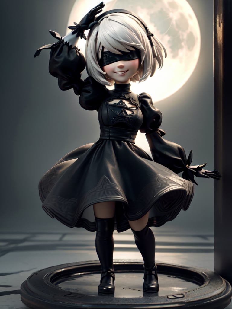 Masterpiece, highest quality, high resolution, PVC, rendering, chibi, high resolution, solo girl, 2B, NieR:Automata, gothic dress, silver hair, bob hair, smile, selfish, chibi, smile, grin, self-righteousness, overall body, chibi, 3D Figure, Full Moon Background, Toy, Doll, Character Print, Front View, Natural Light, ((Real)) Quality: 1.2)), Dynamic Pose, Cinematic Lighting, Perfect Composition,