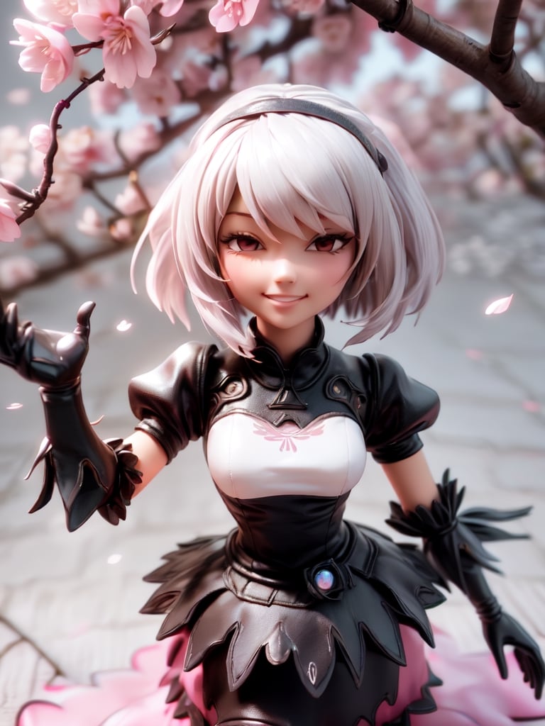 Masterpiece, highest quality, high resolution, PVC, rendering, chibi, high resolution, solo girl, 2B, NieR:Automata, wedding dress, silver hair, bob hair, smile, selfish, chibi, smile, grin, self-righteousness, overall body, chibi, 3D Figure, cherry blossoms, dancing cherry blossom petals, cherry blossom snowstorm, toy, doll, character print, front view, natural light, ((real) quality: 1.2)), dynamic pose, cinematic lighting, perfect composition,, motoko2045wz