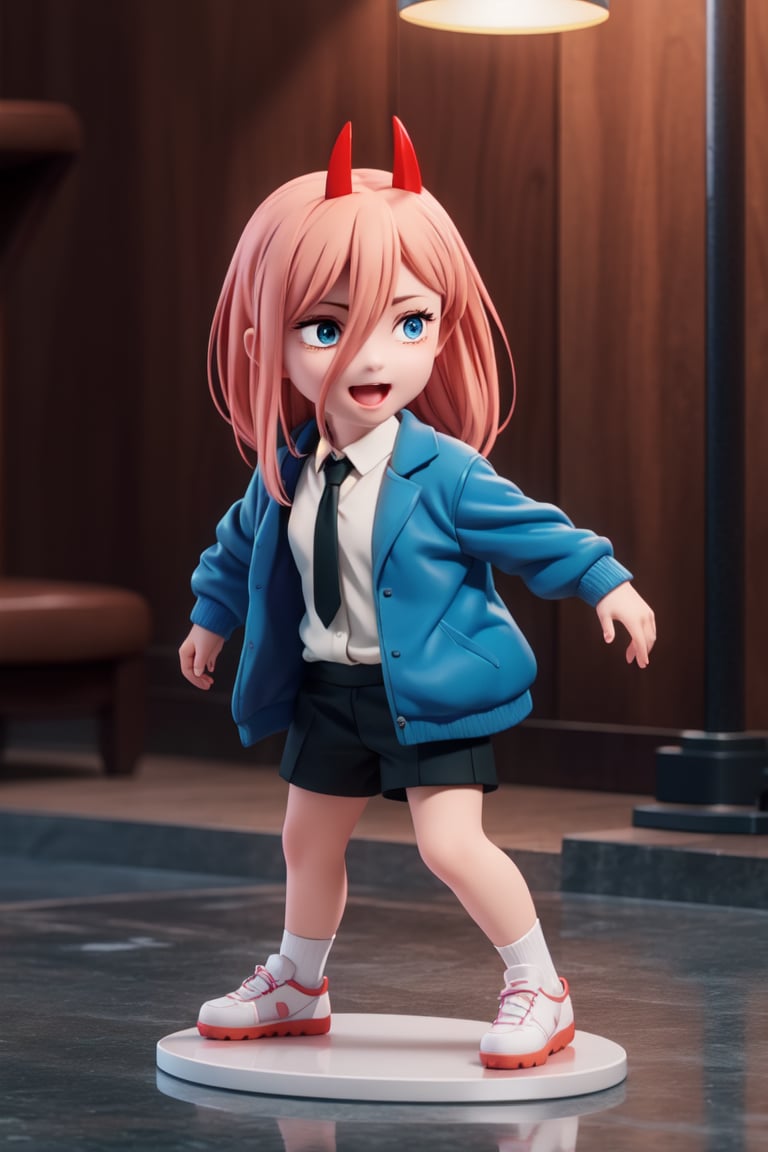 ((1 person)), power, chainsaw man, petite girl, full body, chibi, 3d figure girl, beautiful girl with great detail, beautiful and delicate eyes, face with great detail, beautiful eyes, wicked smile, dynamic and beautiful pose, fighting stance, dynamic pose, red horns, white collared shirt, blue jacket, open mouth, white shirt, black necktie, pink hair, collared shirt,, natural light, ((realistic)) quality: 1.2), dynamic distance shot, cinematic lighting, perfect composition, super detailed, official art, masterpiece, (best) quality: 1.3), reflection, high resolution CG Unity 8K wallpaper, detailed background, masterpiece, (photorealistic): 1.2), random angle, side angle, chibi, full body, mikdef, power_chainsawman, anime_style, EFT_Power