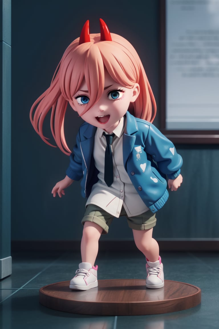 ((1 person)), power, chainsaw man, chibi, petite girl, full body, chibi, 3d figure girl, beautiful girl with great detail, beautiful and delicate eyes, face with great detail, beautiful eyes, wicked smile, dynamic and beautiful pose, fighting stance, dynamic pose, red horns, white collared shirt, blue jacket, open mouth, white shirt, black necktie, pink hair, collared shirt,, natural light, ((realistic)) quality: 1.2), dynamic distance shot, cinematic lighting, perfect composition, super detailed, official art, masterpiece, (best) quality: 1.3), reflection, high resolution CG Unity 8K wallpaper, detailed background, masterpiece, (photorealistic): 1.2), random angle, side angle, chibi, full body, mikdef, power_chainsawman, anime_style, EFT_Power