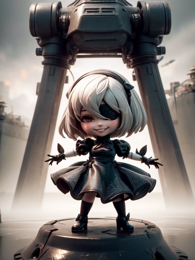 Masterpiece, highest quality, high resolution, PVC, rendering, chibi, high resolution, single girl, 2B, NieR:Automata, gothic dress, silver hair, bob hair, smile, selfish, chibi, smile, grin, self justice, whole body, chibi, 3D Figure, Toy, Doll, Character Print, Front View, Natural Light, ((Real)) Quality: 1.2)), Dynamic Pose, Cinematic Lighting, Perfect Composition,, motoko2045wz