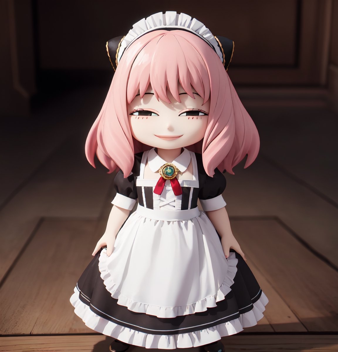 Masterpiece, highest quality, high resolution, PVC, rendering, chibi, high resolution, one girl, Anya Forger, pink hair, bob hair, maid, Victorian Maid Dress, bow, brooch, long dress, gray eyes, smile, Selfish Target, Chibi, Mediterranean Cityscape, Smile, Smile, Self-Justice, Full Body, Chibi, 3D Figure, Toy, Doll, Character Print, Front View, Natural Light, ((Real)) 1.2)), Dynamic Pose, Medium movement, perfect cinematic perfect lighting, perfect composition, Victorian Maid Dress, anya_forger_spyxfamily