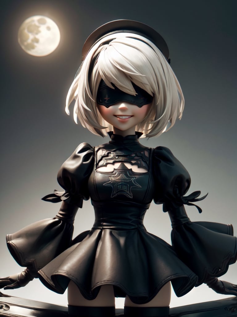 Masterpiece, highest quality, high resolution, PVC, rendering, chibi, high resolution, solo girl, 2B, NieR:Automata, gothic dress, silver hair, bob hair, smile, selfish, chibi, smile, grin, self-righteousness, overall body, chibi, 3D Figure, Full Moon Background, Toy, Doll, Character Print, Front View, Natural Light, ((Real)) Quality: 1.2)), Dynamic Pose, Cinematic Lighting, Perfect Composition,