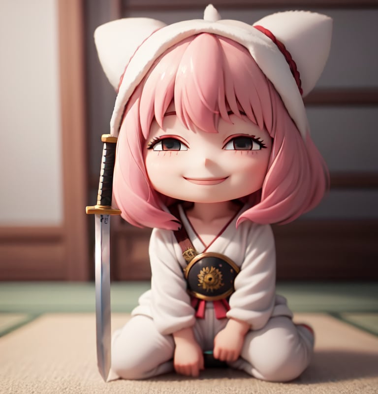 Masterpiece, Top Quality, High Resolution, PVC, Rendering, Chibi, High Resolution, 1 Girl, solo, Anya Forger, Pink Hair, Bob Hair, Japanese Warring States Period Samurai, Wearing Traditional Samurai Armor, pink Samurai Armor, holding sword, female action poses, Gray Eyes, Smile, Selfish Target, Chibi, Mediterranean Cityscape, Smile, Smile, Self-righteousness, Full Body, Chibi, 3D Figure, Toy, Doll, Character Print, Front View, Natural Light, ((Real)) 1.2)), dynamic pose, medium movement, perfect cinematic perfect lighting, perfect composition, anya_forger_spyxfamily, samurai,holding sword,armor,battoujutsu,Cuteselfiesposes,BnnBnn