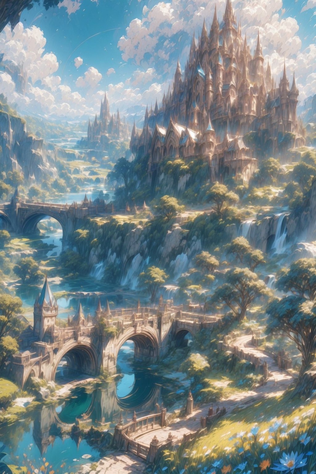 //quality, (masterpiece:1.4), (detailed), ((,best quality,)),//outdoors, sky, day, cloud, water, tree, no humans, scenery, bridge, river, elven circular castle, wild flowers, pathway,fantasy world,cliff, mountain, magical city,cathedral, tower, landscape, lake, white trees,aerial view 