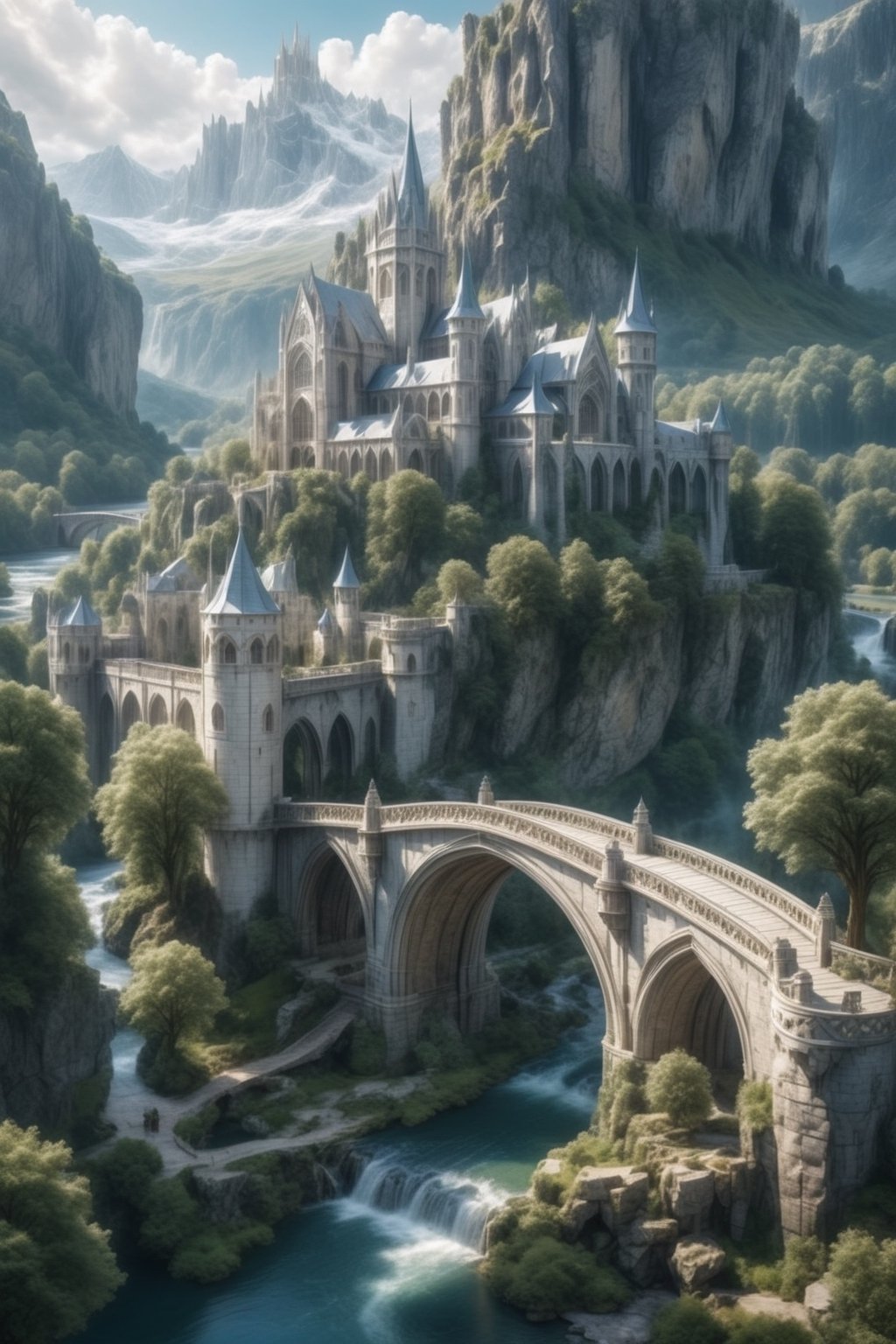 //quality, (masterpiece:1.4), (detailed), ((,best quality,)),//outdoors, sky, day, cloud, water, tree, no humans, scenery, bridge, river, elven marble castle, 2 castles joined by bridges,fantasy world,cliff, mountain, magical city,cathedral, tower, landscape, lake, white trees,aerial view 