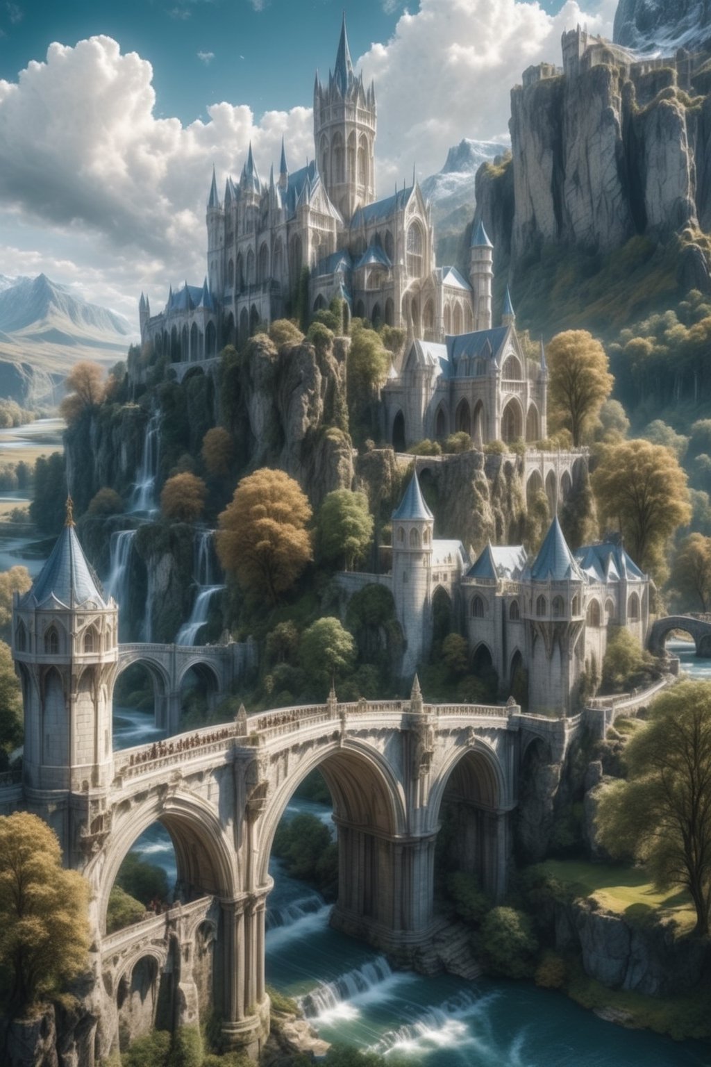 //quality, (masterpiece:1.4), (detailed), ((,best quality,)),//outdoors, sky, day, cloud, water, tree, no humans, scenery, bridge, river, elven marble castle, 2 castles joined by bridges,fantasy world,cliff, mountain, magical city,cathedral, tower, landscape, lake, white trees,aerial view 