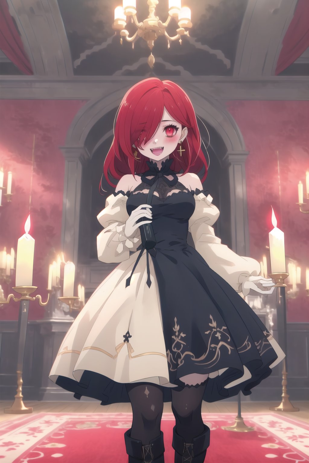 nier anime style illustration, best quality, masterpiece High resolution, good detail, bright colors, HDR, 4K. Dolby vision high.

Little redhead girl with long straight hair (hair covering one eye) (hair over shoulders), red cross-shaped earrings, red eyes, blushing

Elegant vintage British style Gothic Renaissance short dress

small breasts 

Sheer black stockings   

Elegant black British style boots 

Inside an elegant Victorian-style palace 

In a room full of stuffed animals, red walls, candles, chandeliers on the ceiling

A crimson-colored third-pile rug covering the entire floor  

A throne of gold embroidered with red

Flirty smile (yandere smile). Happy, excited. Open mouth 

Showing fangs, exposed fangs