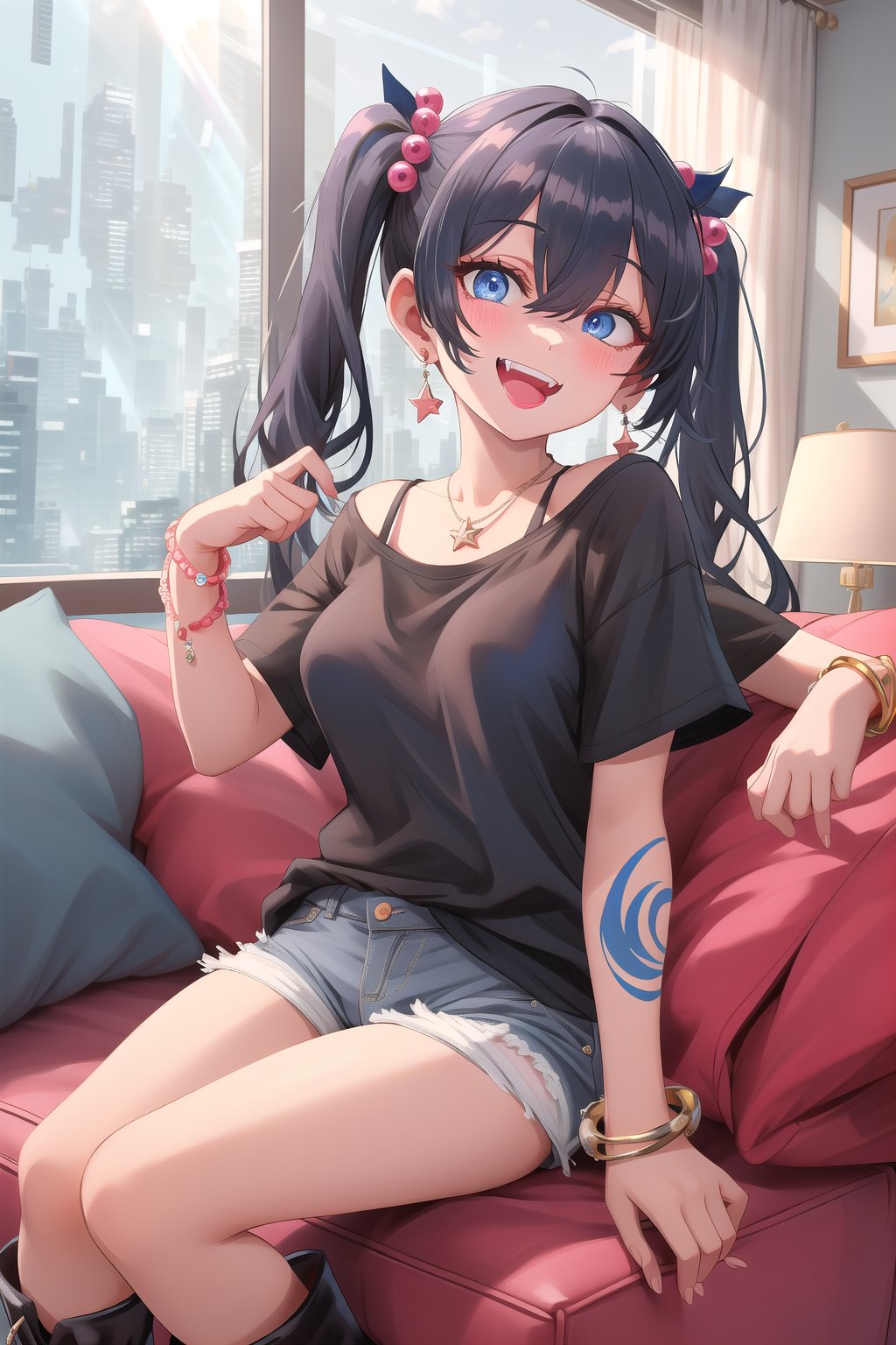  best quality, masterpiece High resolution, good detail, bright colors, HDR, 4K. Dolby vision high, perfect eyes

Girl with long straight black hair, long twin pigtails, navy blue eyes (hair covering one eye), blushing, blue earrings, navy blue bracelet on her wrist, tattoos all over her body, necklace with a sapphire 

A black short sleeve t-shirt with a blue star on the t-shirt 

Navy blue denim shorts 

Sheer black stockings



Inside a futuristic cyberpunk style house 
Black British style boots


Sunrise

Intense sun rays coming through the window 

Elegant navy blue sofa 

Sitting 
Selfie 

Flirty smile (yandere smile). Happy, excited. open mouth 

Showing fangs, exposed fangs