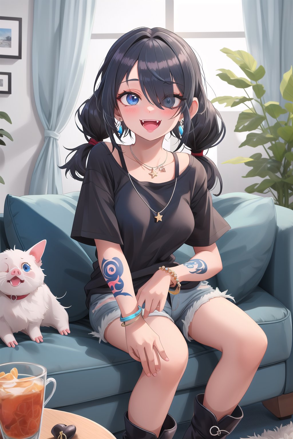  best quality, masterpiece High resolution, good detail, bright colors, HDR, 4K. Dolby vision high, perfect eyes

Girl with long straight black hair, long twin pigtails, navy blue eyes (hair covering one eye), blushing, blue earrings, navy blue bracelet on her wrist, tattoos all over her body, necklace with a sapphire 

A black short sleeve t-shirt with a blue star on the t-shirt 

Navy blue denim shorts 

Sheer black stockings



Inside a futuristic cyberpunk style house 
Black British style boots


Sunrise

Intense sun rays coming through the window 

Elegant navy blue sofa 


Selfie 

Flirty smile (yandere smile). Happy, excited. open mouth 

Showing fangs, exposed fangs

Sitting