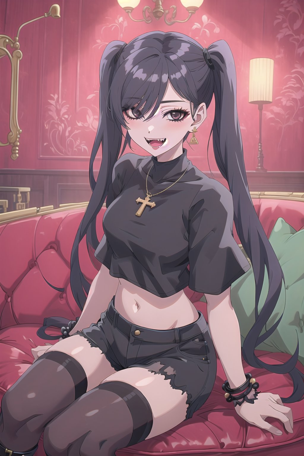 nier anime style illustration, best quality, masterpiece High resolution, good detail, bright colors, HDR, 4K. Dolby vision high.

Girl with long straight black hair, long twin pigtails, (hair covering one eye), black eyes, blushing, black cross-shaped earrings, black necklace, black bracelets on both wrists

Black crop top

small breasts  

Showing navel, exposed navel 

Black shorts 

Sheer black stockings 

Elegant punk style black boots 

Inside an elegant house with red walls and gothic retros on the wall 

Dark red sofa

Sitting

Flirty smile (yandere smile). Happy, excited. Open mouth 

Showing fangs, exposed fangs 

Selfie
