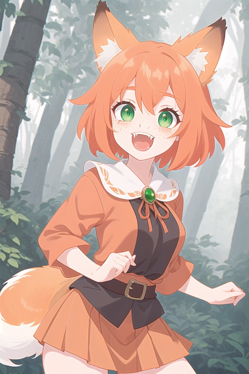 orange-haired fox girl with white fringes,  freckles,  showing fangs by Nelo_angelo17  on Tensor.Art